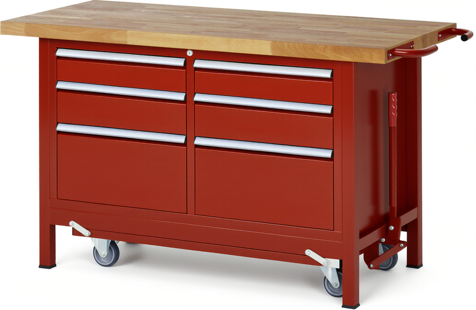 Absenkbare Werkbank Modell 8475 rot, BxTxH 1500x700x880 mm,  Buche-Massiv Arbeitsplatte 40 mm,  6 Schubladen mit  Vollauszug 100 % und  SoftClosing