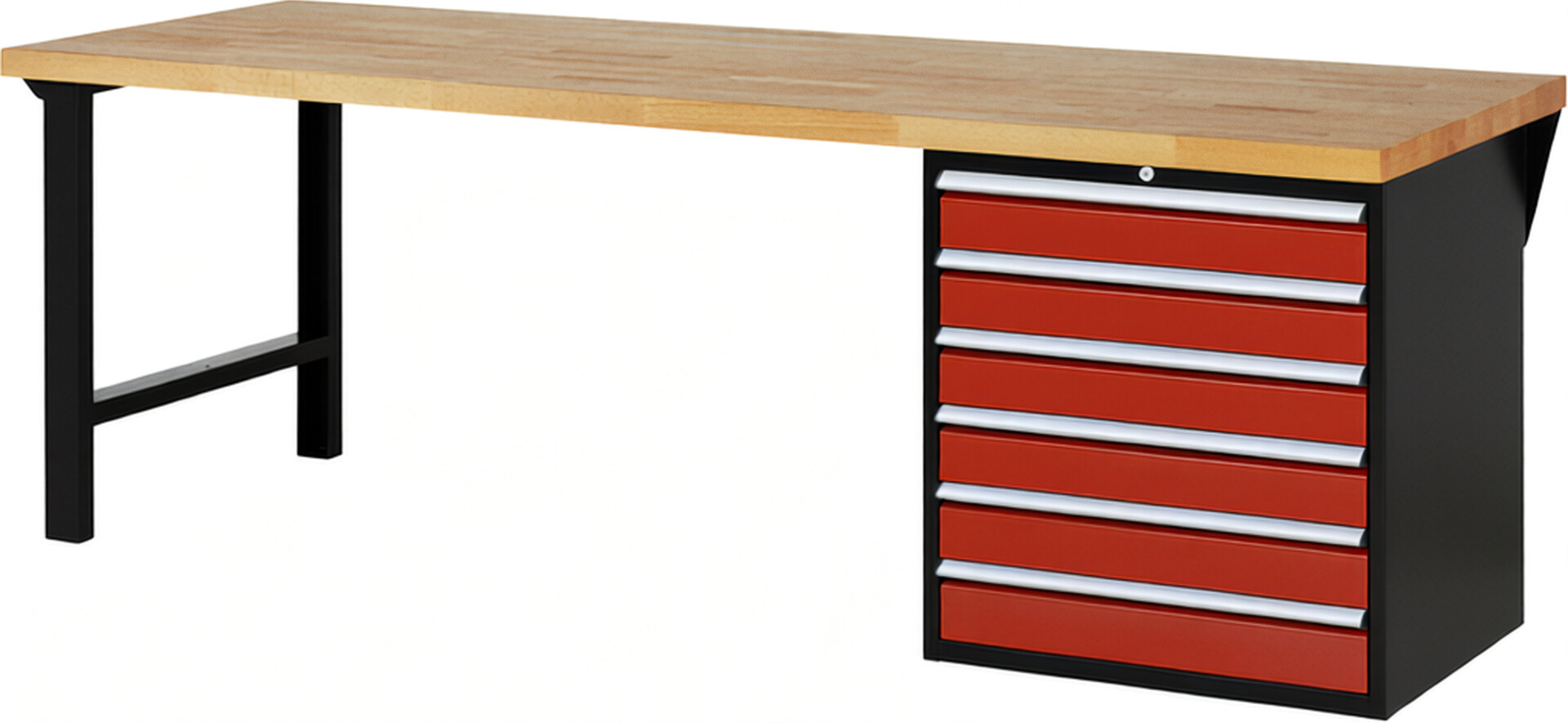 RAU Werkbank schwarz - rot - Breite 250 cm - Tiefe 90 cm - Höhe 84 cm - Buche-Massiv Arbeitsplatte 40 mm