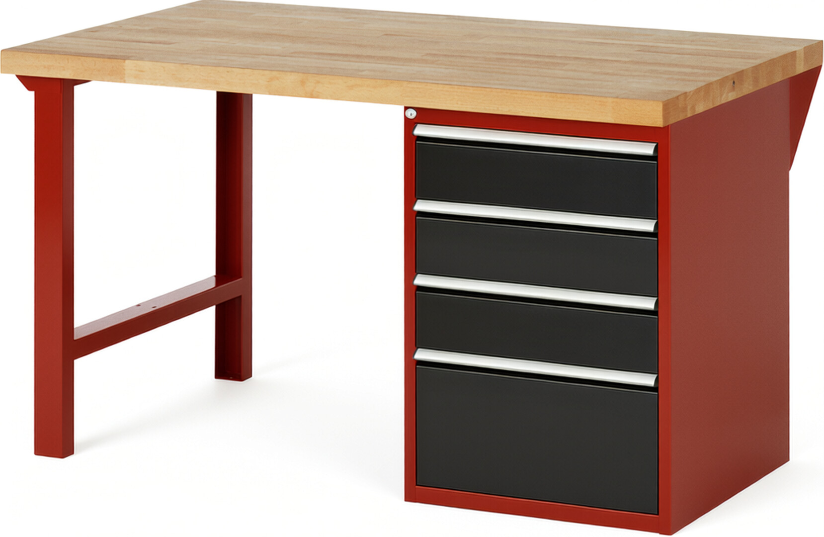 Werkbank Modell 7510 rot - schwarz, BxTxH 1500x900x890 mm,  Buche-Massiv Arbeitsplatte 40 mm,  4 Schubladen mit  Vollauszug 100 % und  SoftClosing