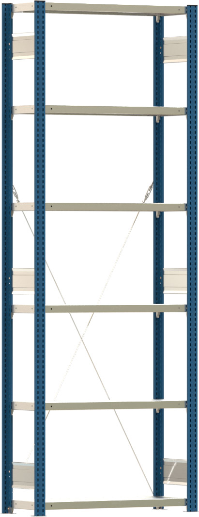 Fachbodenregal mit Tiefenriegel - 150 kg - (HxBxT) 2.500 x 875 x 300 mm - Grundregal - Rahmen enzianblau - Böden verzinkt