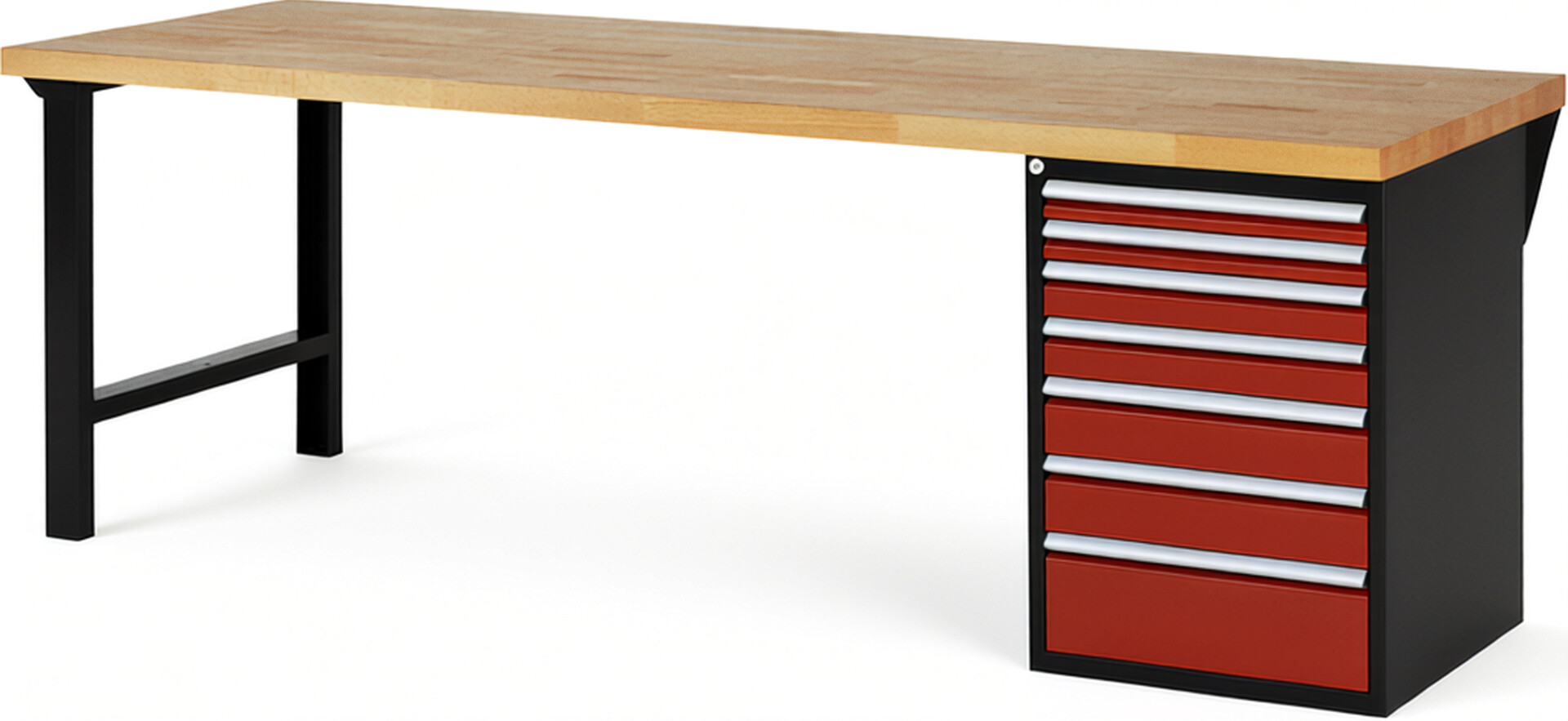 RAU Werkbank schwarz - rot - Breite 250 cm - Tiefe 90 cm - Höhe 84 cm - Buche-Massiv Arbeitsplatte 40 mm