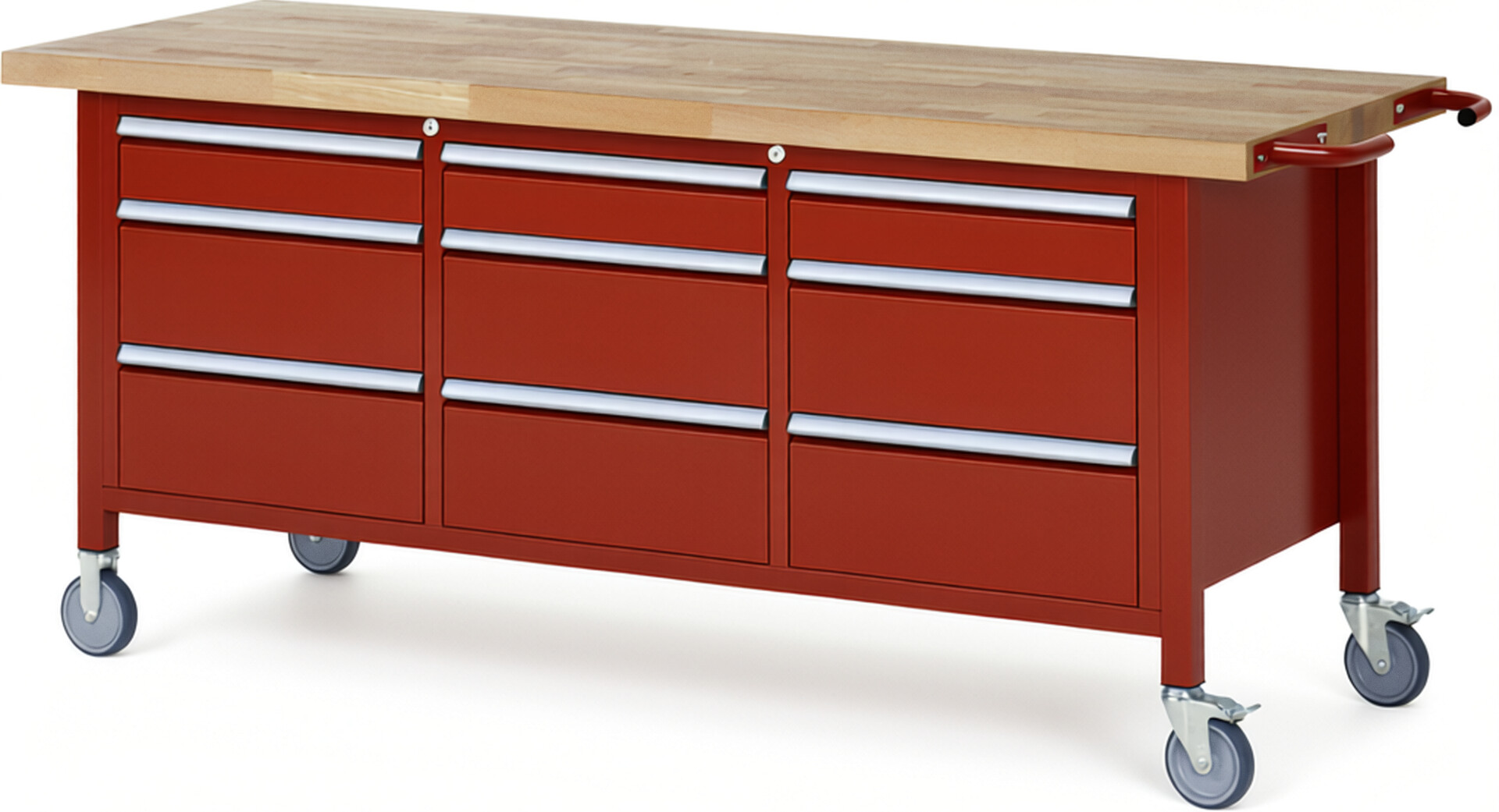 Fahrbare Werkbank Modell 8573 rot, BxTxH 2000x700x880 mm,  Buche-Massiv Arbeitsplatte 40 mm,  9 Schubladen mit  Vollauszug 100 % und  SoftClosing