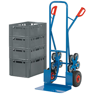 Sackkarre, Stahlrohr-Treppenkarre, Schaufel-BxT 480x300 mm, HxB 1300x590 mm, Traglast 200 kg, 2 Räder Luftbereifung + 2 fünfarmige Radsterne, RAL 5007 blau