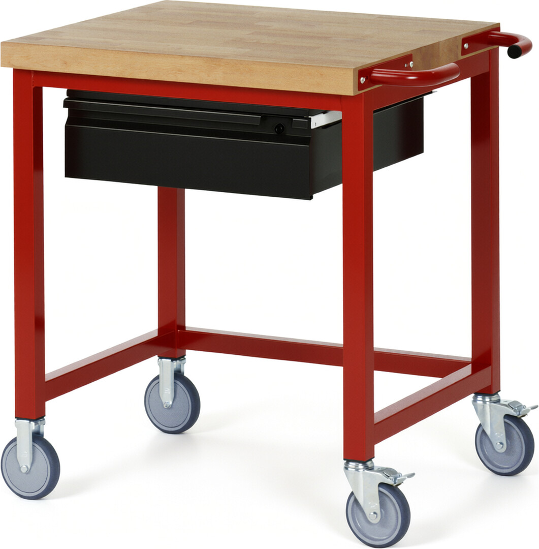 Fahrbare Werkbank - Modell 8001 BASIC rot - schwarz, BxTxH 750x700x880 mm,  Buche-Massiv Arbeitsplatte 40 mm,  1 Schublade mit  Auszug 90 %