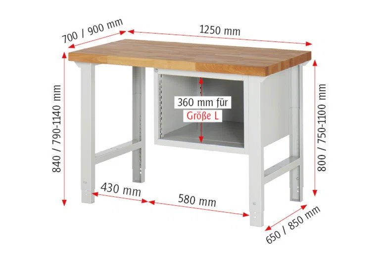 Werkbank Modell 7132 schwarz, BxTxH 1250x900x840 mm,  Buche-Massiv Arbeitsplatte 40 mm,  4 Schubladen mit  Vollauszug 100 % und  SoftClosing