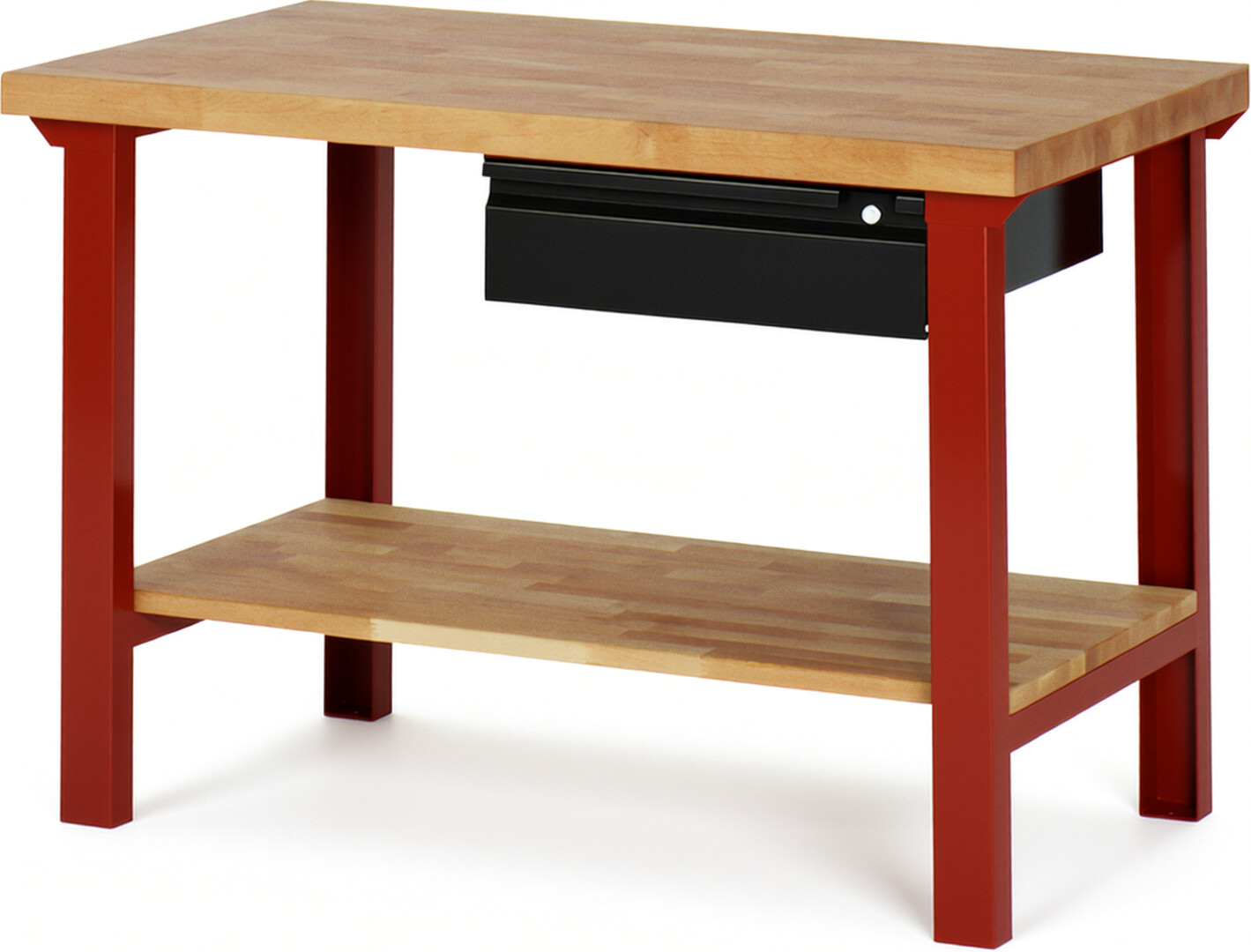 Werkbank - Modell 7001 BASIC rot - schwarz, BxTxH 1250x700x840 mm,  Buche-Massiv Arbeitsplatte 40 mm,  1 Schublade mit  Auszug 90 %