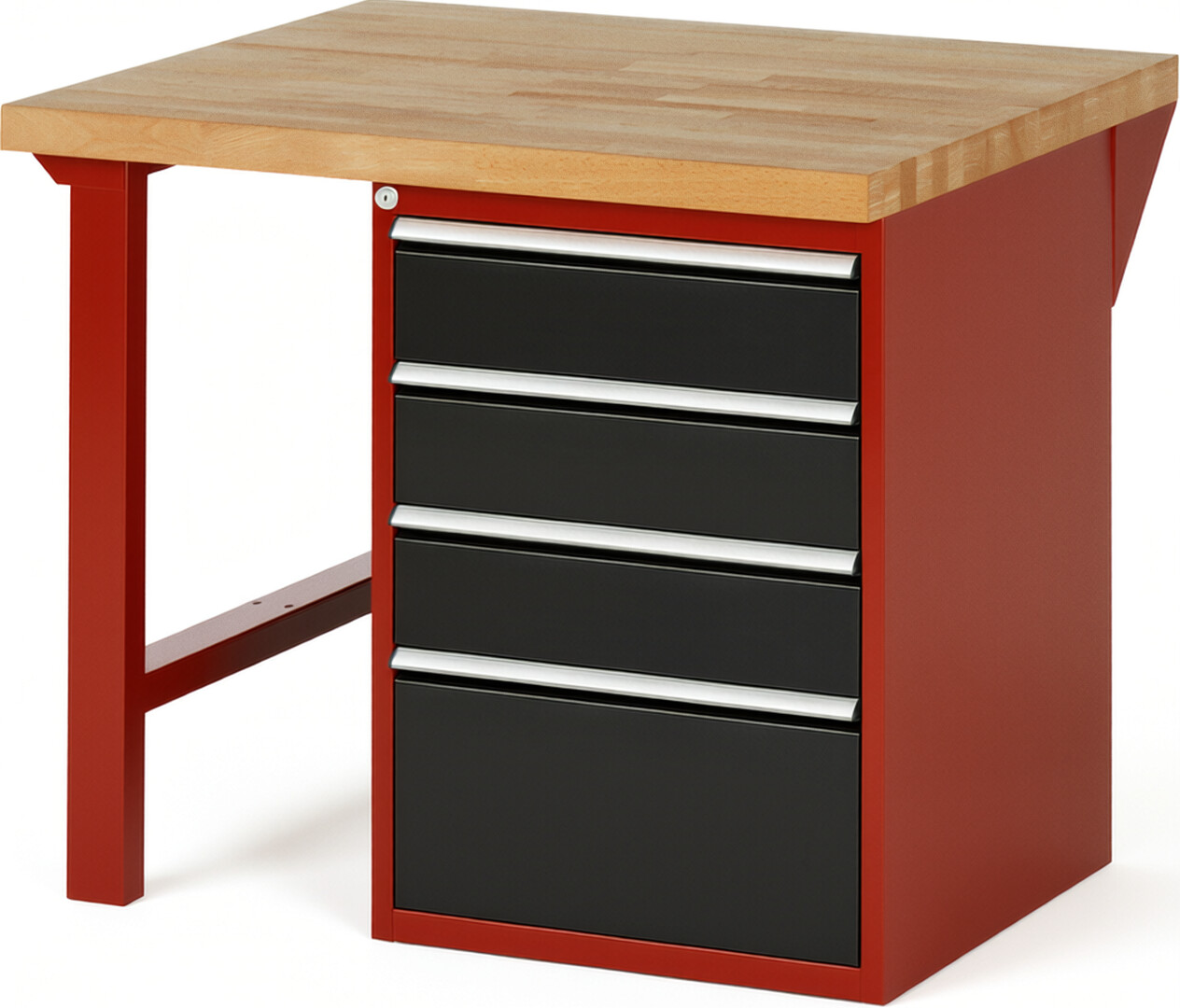 Werkbank Modell 7510 rot - schwarz, BxTxH 1000x900x890 mm,  Buche-Massiv Arbeitsplatte 40 mm,  4 Schubladen mit  Vollauszug 100 % und  SoftClosing