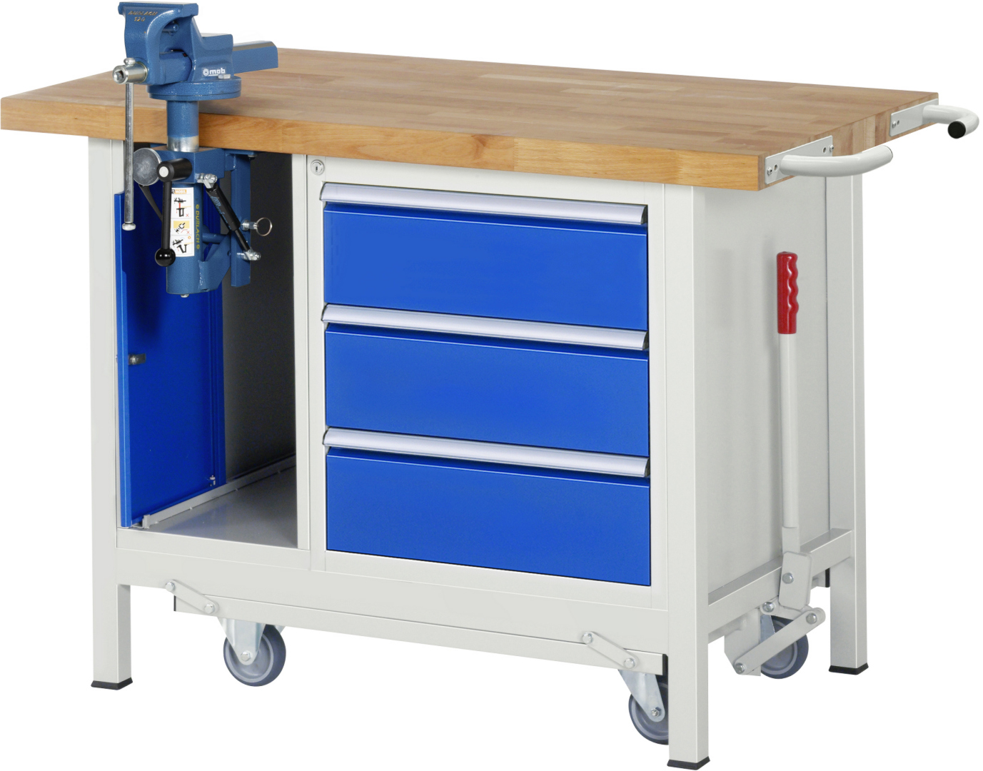 Absenkbare Werkbank Modell 8183 rot - schwarz, BxTxH 1250x700x880 mm,  Buche-Massiv Arbeitsplatte 40 mm,  3 Schubladen mit  Vollauszug 100 % und  SoftClosing