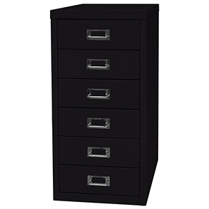 Schubladenschrank aus Stahl, BxTxH 279x380x590 mm, 6 Schubladen 87 mm, DIN A4, schwarz