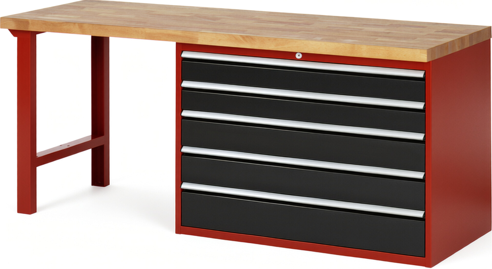 Werkbank Modell 7713 rot - schwarz, BxTxH 2000x700x840 mm,  Buche-Massiv Arbeitsplatte 40 mm,  5 Schubladen mit  Auszug 90 %