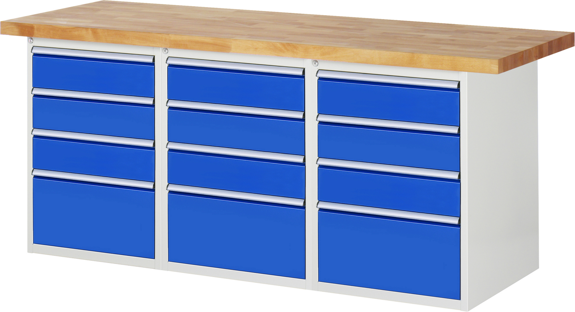 Werkbank Modell 7510 rot - schwarz, BxTxH 2000x700x840 mm,  Buche-Massiv Arbeitsplatte 40 mm,  12 Schubladen mit  Auszug 90 %