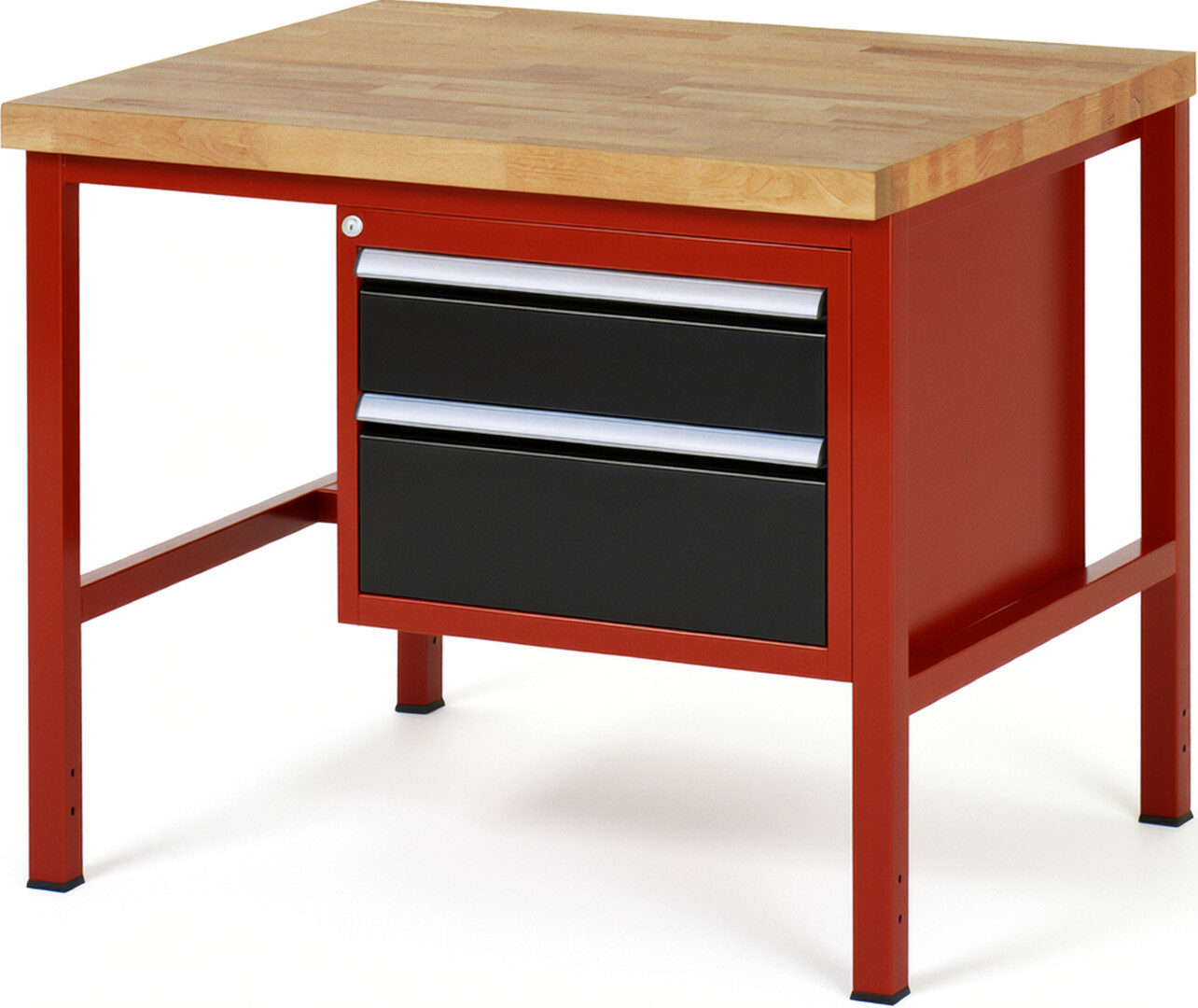 Werkbank Modell 8123 rot - schwarz, BxTxH 1000x900x840-1040 mm,  Buche-Massiv Arbeitsplatte 40 mm,  2 Schubladen mit  Vollauszug 100 % und  SoftClosing