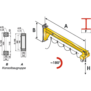 Wandschwenkkran, ohne Elektrokettenzug, Traglast 250 kg, Konsolbaugruppe A, Schwenkbereich 180 Grad, Ausladung 3000 mm