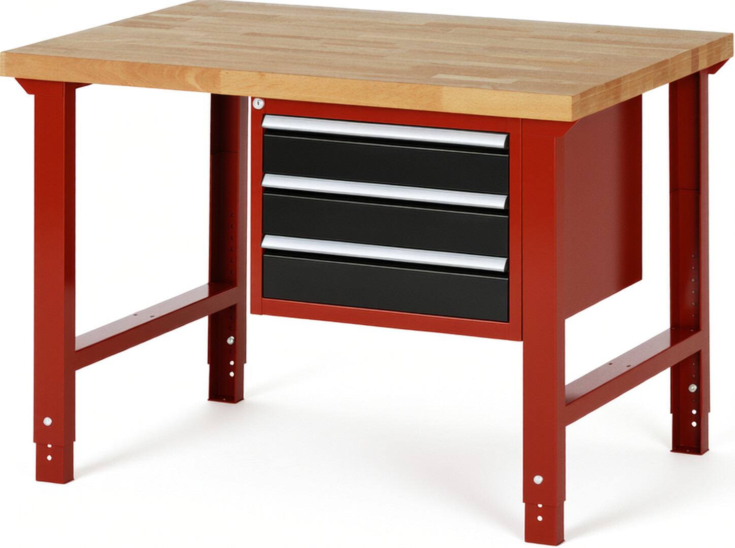 Werkbank Modell 7127 rot - schwarz, BxTxH 1250x900x790-1140 mm,  Buche-Massiv Arbeitsplatte 40 mm,  3 Schubladen mit  Auszug 90 %