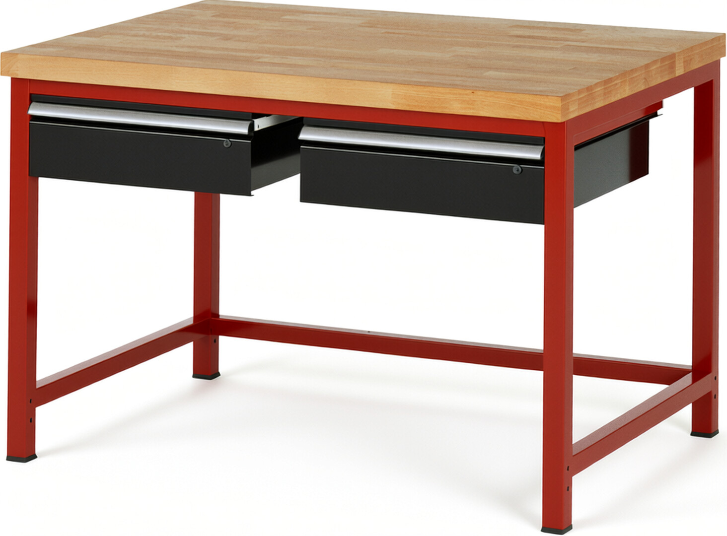 Werkbank Modell 8002 rot - schwarz, BxTxH 1250x900x840-1040 mm,  Buche-Massiv Arbeitsplatte 40 mm,  2 Schubladen mit  Auszug 90 %