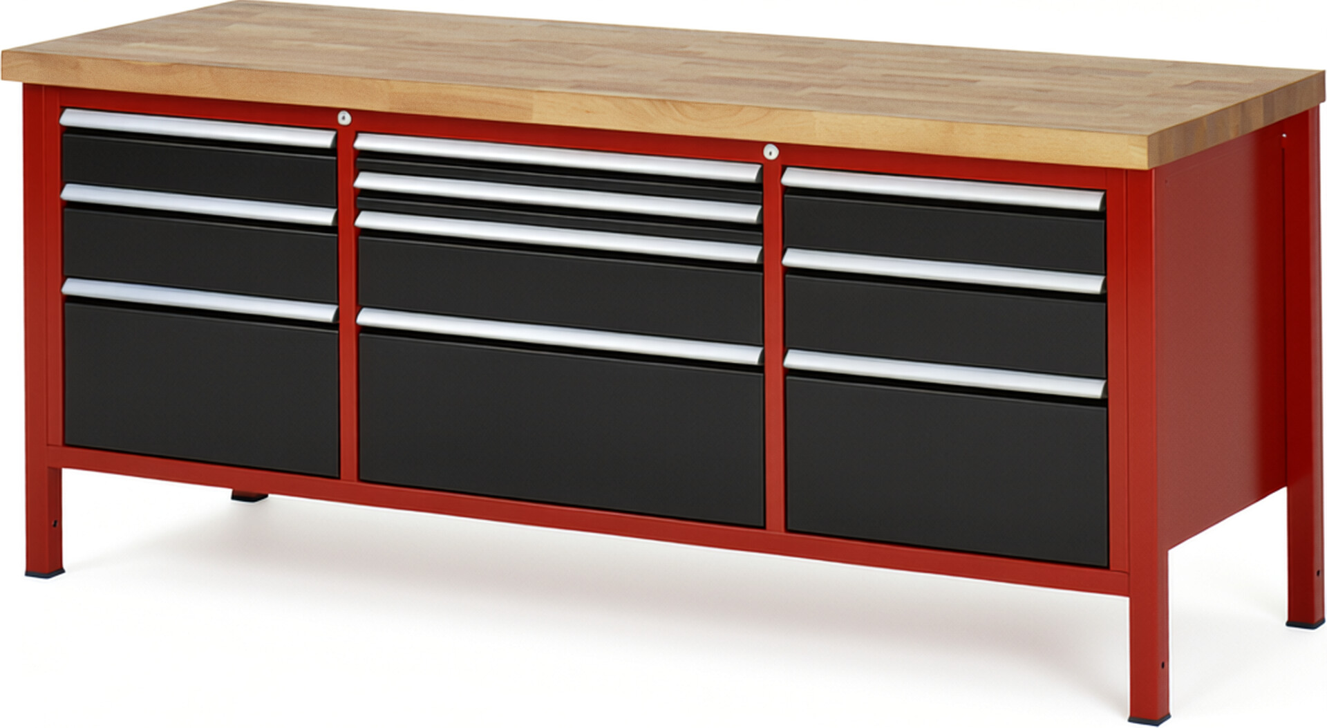 RAU Werkbank rot - schwarz - Breite 200 cm - Tiefe 70 cm - Höhe 104 cm - Buche-Massiv Arbeitsplatte 40 mm