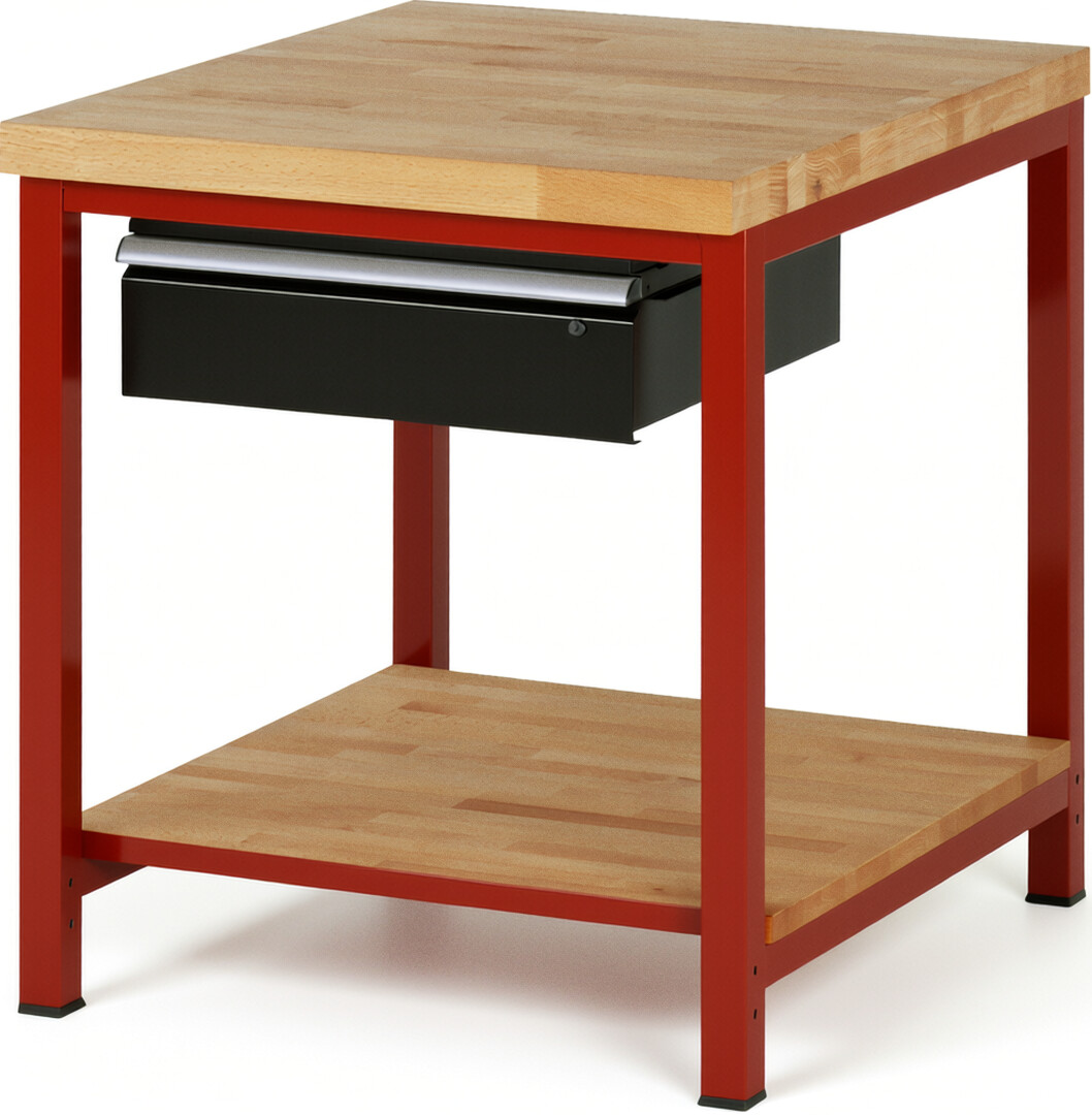 Werkbank Modell 8001 rot - schwarz, BxTxH 750x900x840-1040 mm,  Buche-Massiv Arbeitsplatte 40 mm,  1 Schublade mit  Auszug 90 %