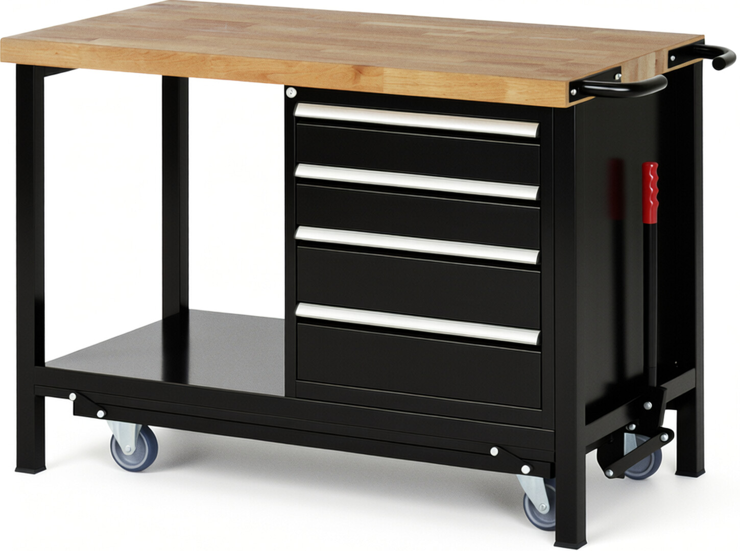 RAU Werkbank schwarz - Breite 125 cm - Tiefe 70 cm - Höhe 88 cm - Buche-Massiv Arbeitsplatte 40 mm