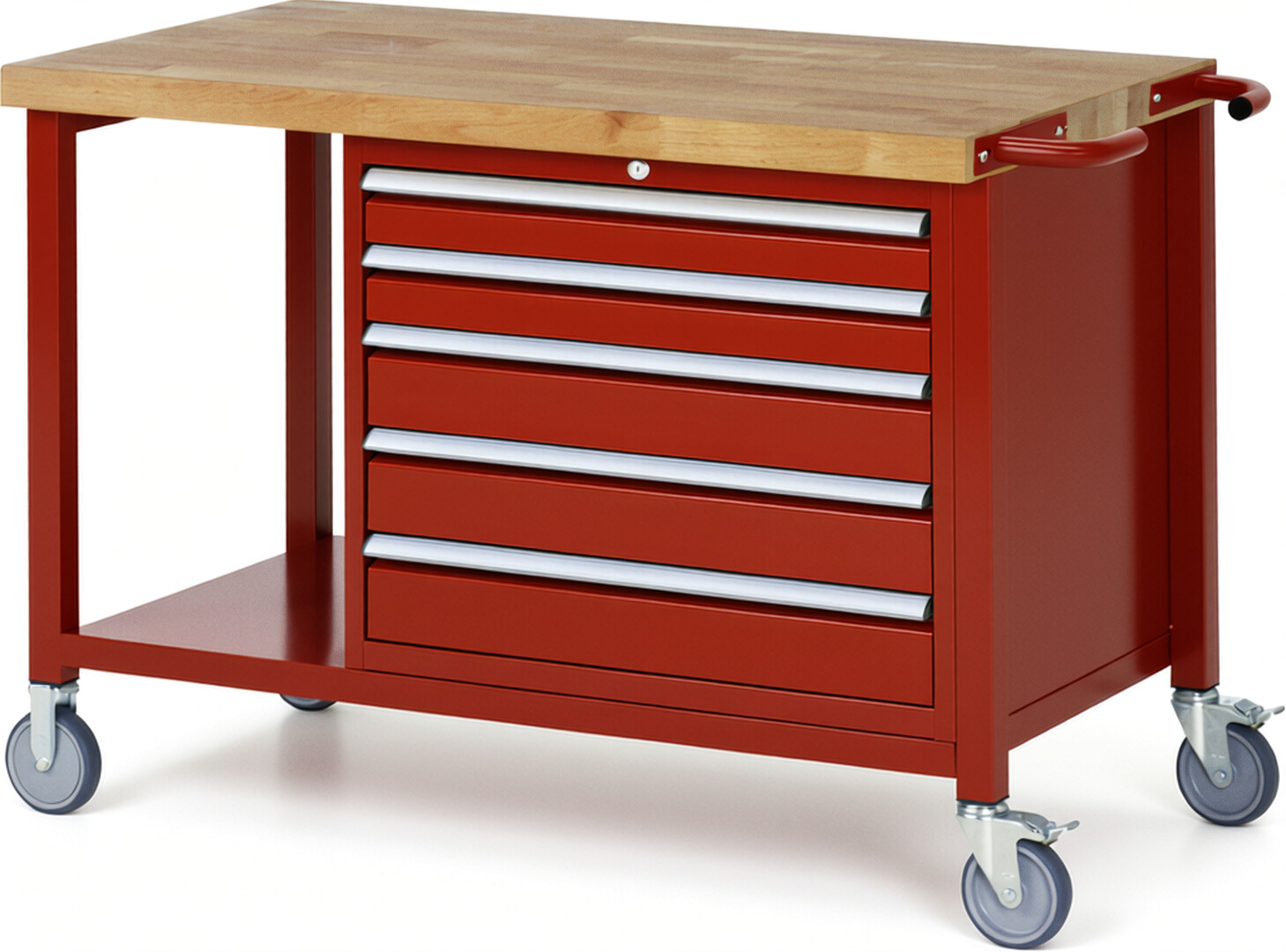 Fahrbare Werkbank Modell 8271 rot, BxTxH 1250x700x880-1080 mm,  Buche-Massiv Arbeitsplatte 40 mm,  5 Schubladen mit  Auszug 90 %