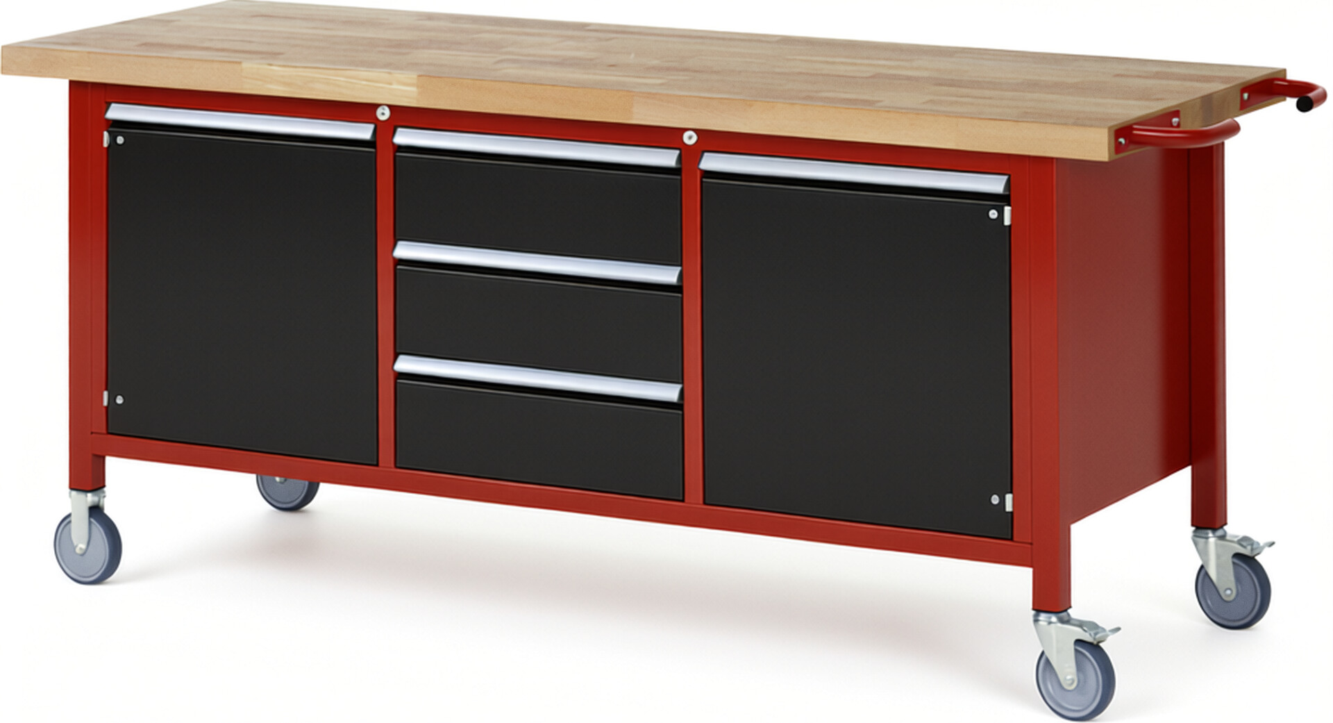 Fahrbare Werkbank Modell 8569 rot - schwarz, BxTxH 2000x700x880-1080 mm,  Buche-Massiv Arbeitsplatte 40 mm,  3 Schubladen mit  Auszug 90 %