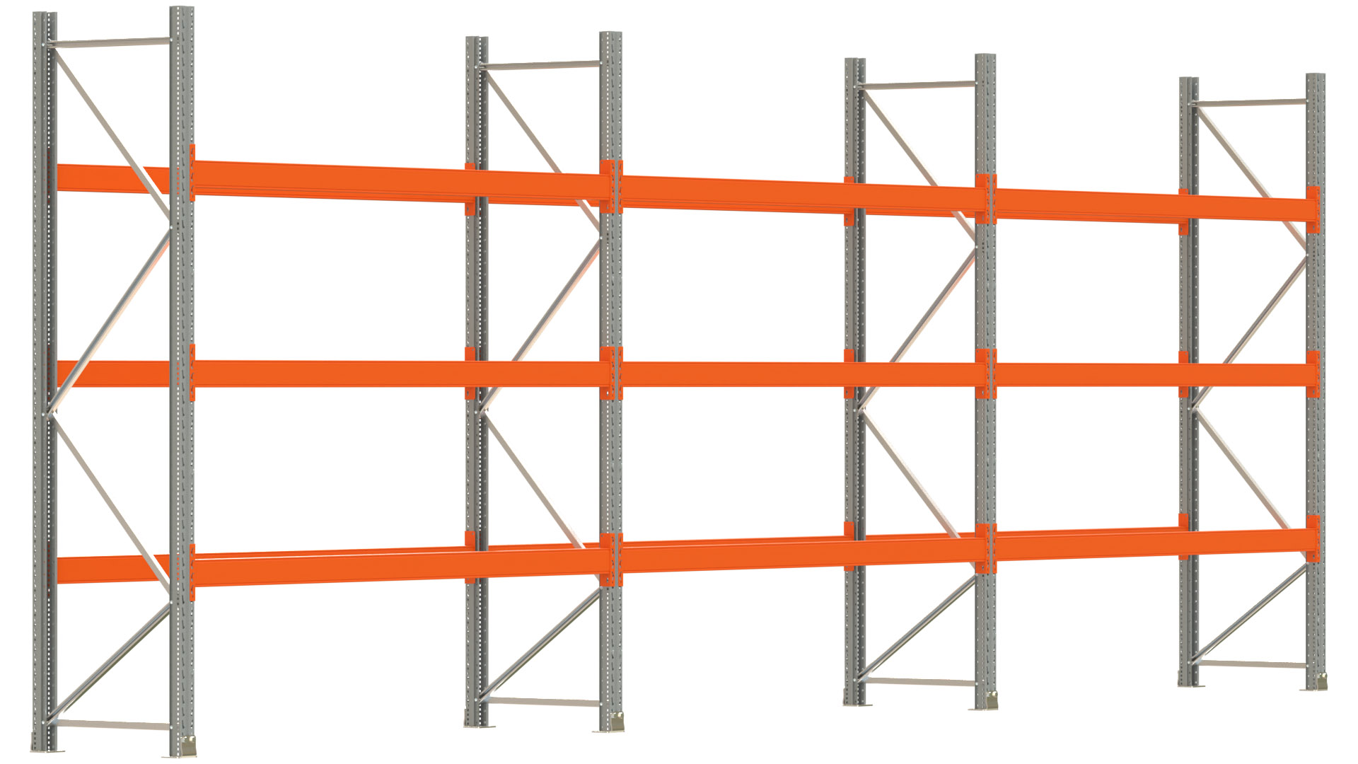 Palettenregal ARTUS - Breite 844 cm - Höhe 300 cm - Tiefe 80 cm - 3 Träger-Ebenen - max. Fachlast 2100 kg - 24 Palettenstellplätze