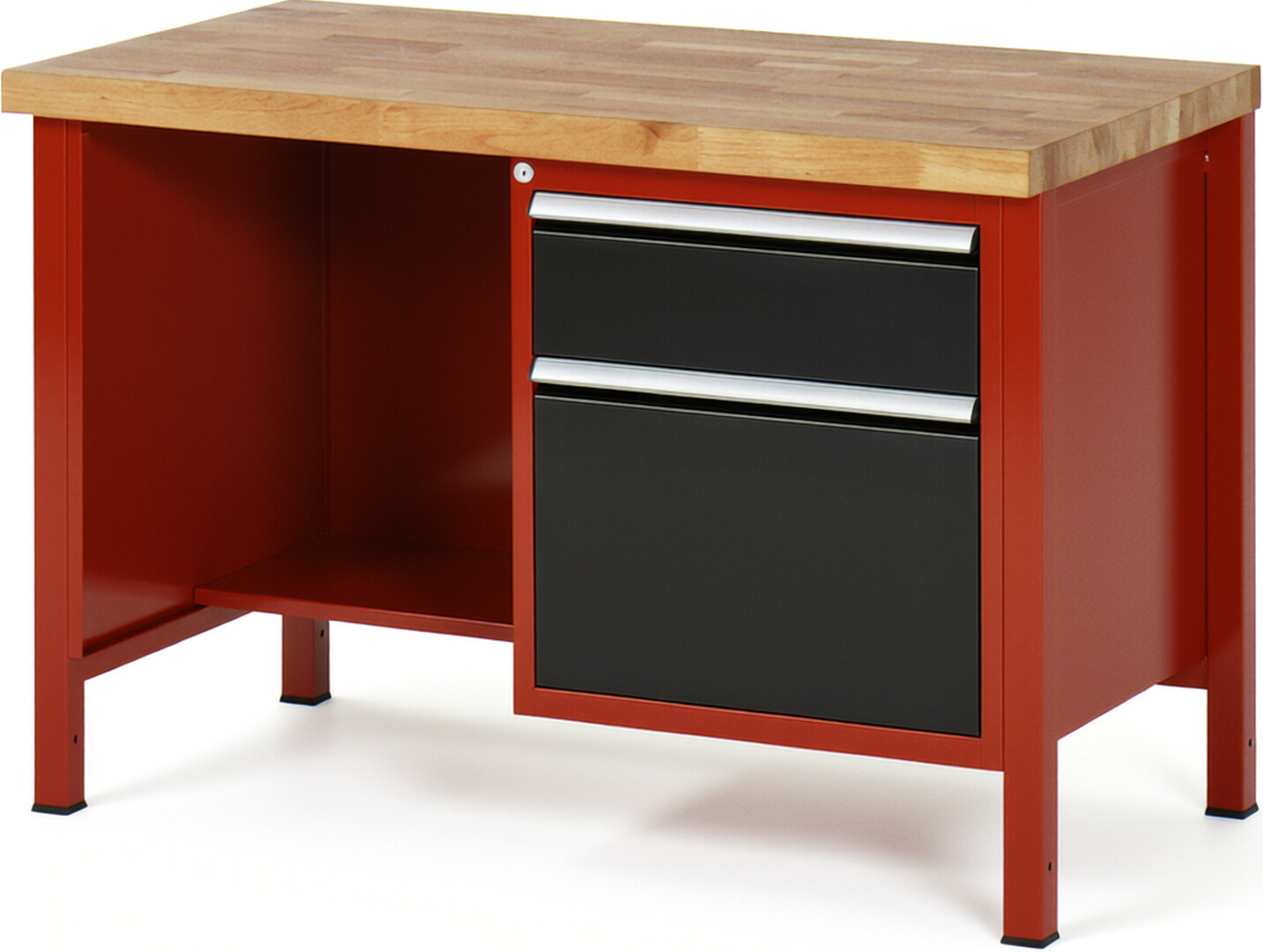 Werkbank Modell 8451 rot - schwarz, BxTxH 1250x700x840 mm,  Buche-Massiv Arbeitsplatte 40 mm,  2 Schubladen mit  Auszug 90 %