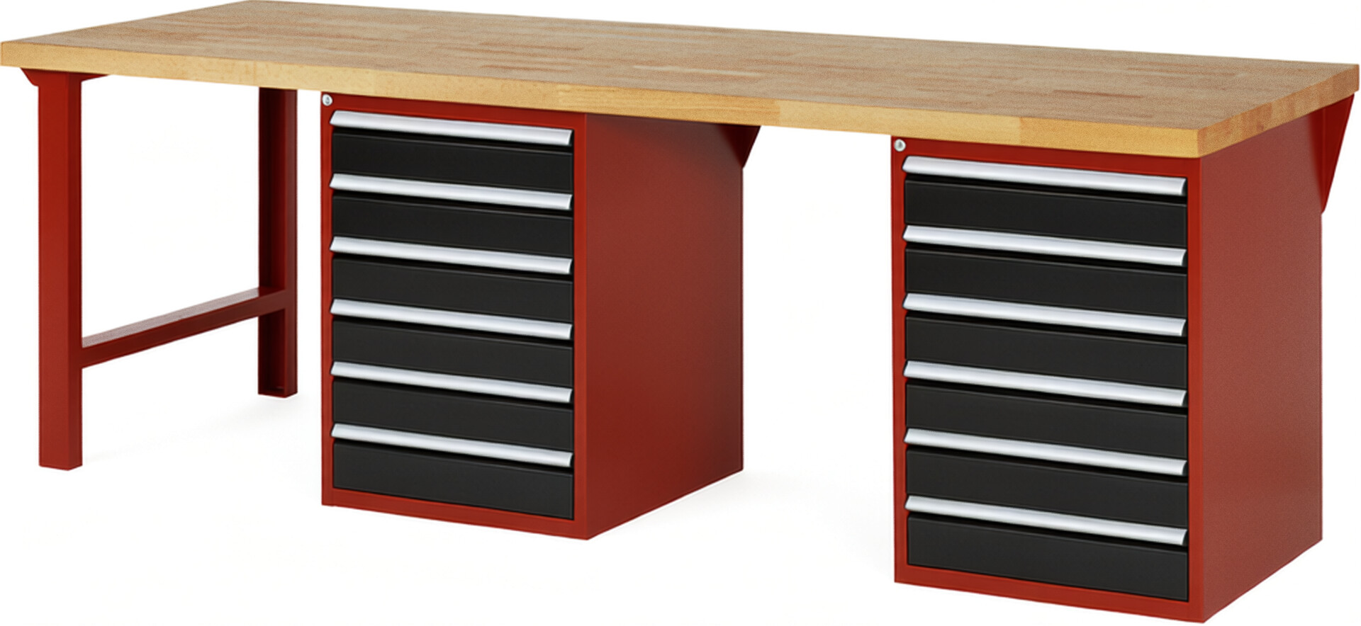 RAU Werkbank rot - schwarz - Breite 250 cm - Tiefe 90 cm - Höhe 84 cm - Buche-Massiv Arbeitsplatte 40 mm