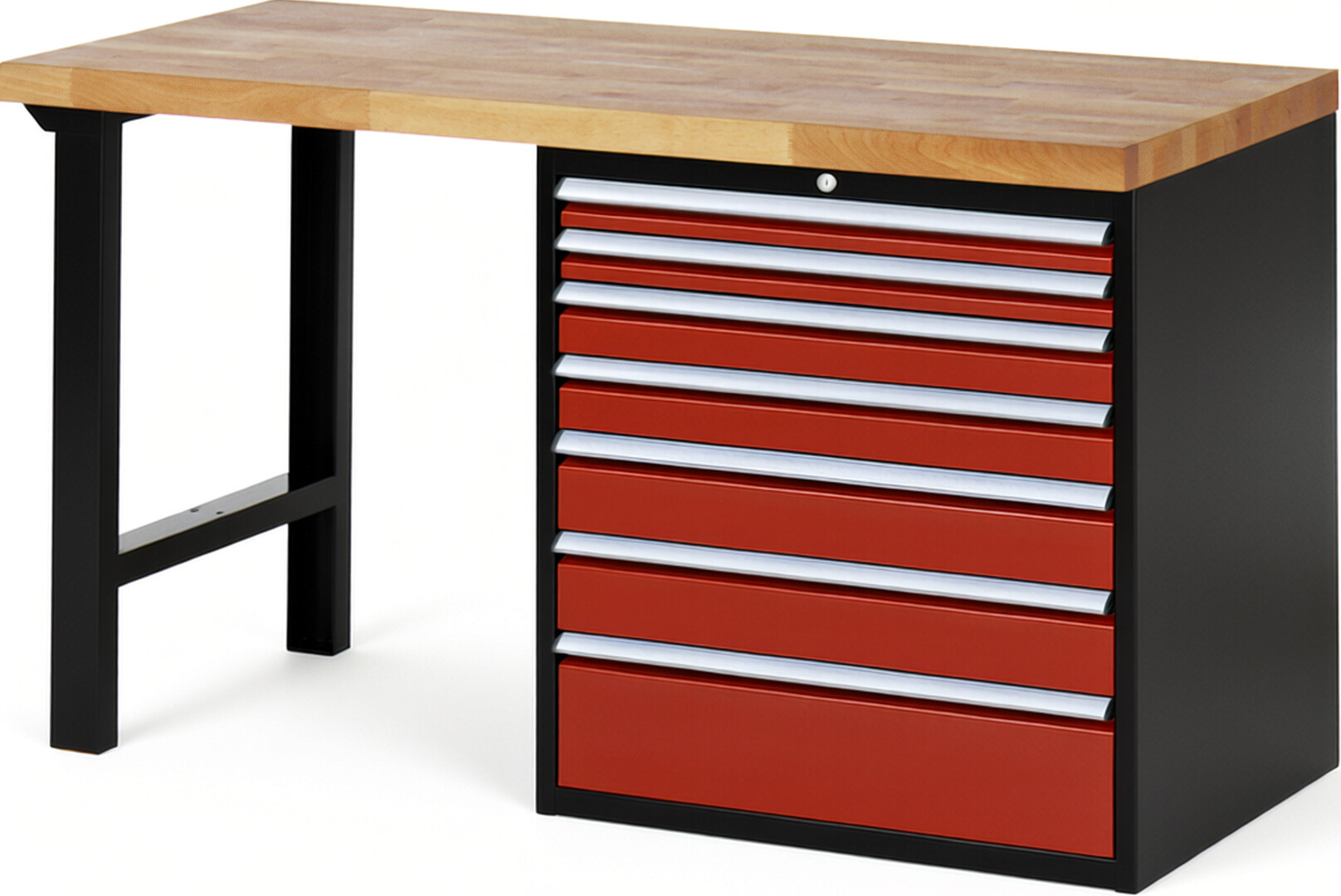 RAU Werkbank schwarz - rot - Breite 150 cm - Tiefe 70 cm - Höhe 89 cm - Buche-Massiv Arbeitsplatte 40 mm