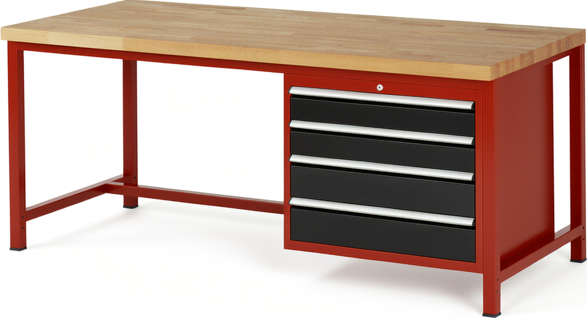 Werkbank Modell 8262 rot - schwarz, BxTxH 2000x900x840-1040 mm,  Buche-Massiv Arbeitsplatte 40 mm,  4 Schubladen mit  Auszug 90 %