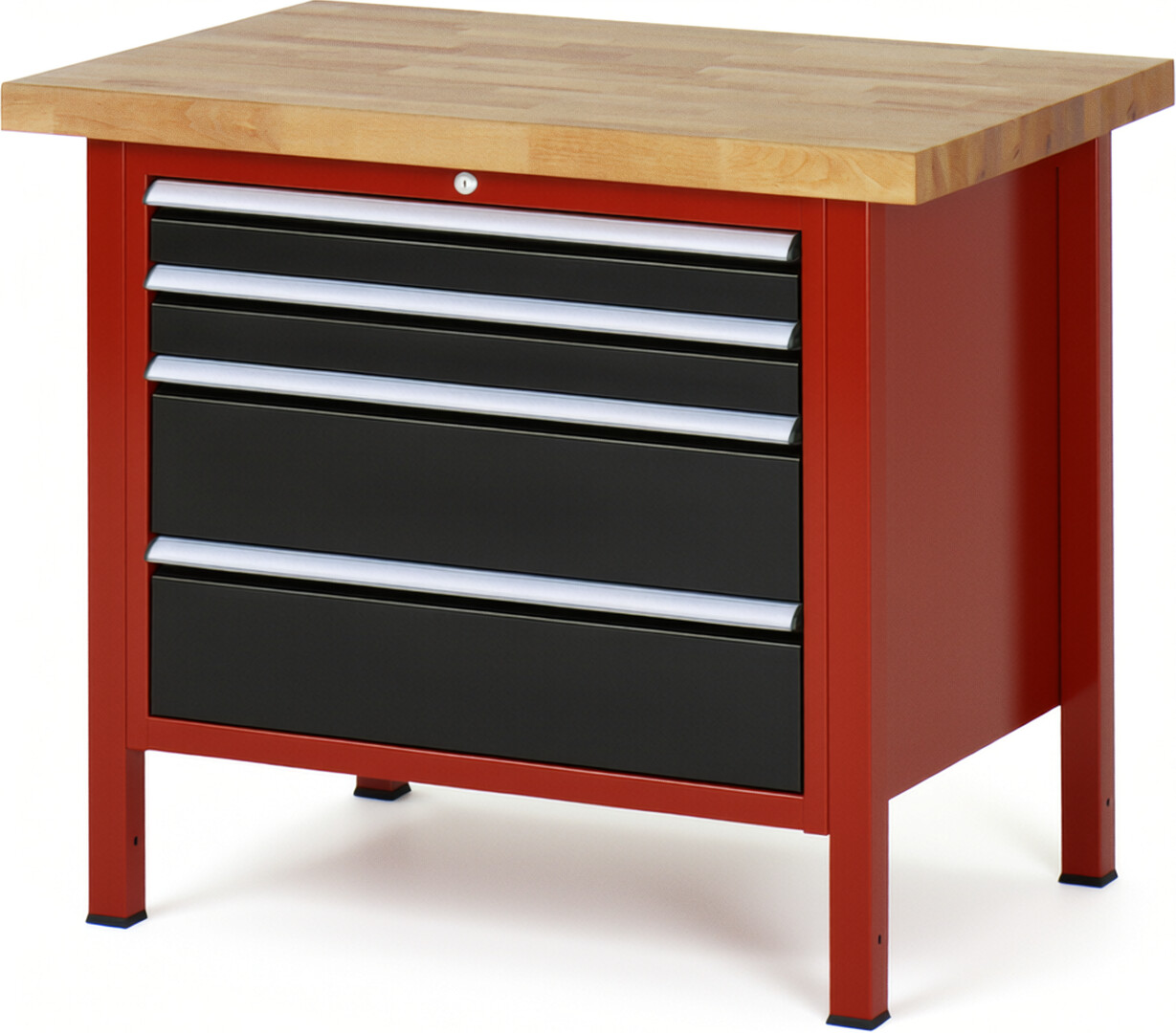 Werkbank Modell 8261 rot - schwarz, BxTxH 1000x700x840-1040 mm,  Buche-Massiv Arbeitsplatte 40 mm,  4 Schubladen mit  Auszug 90 %
