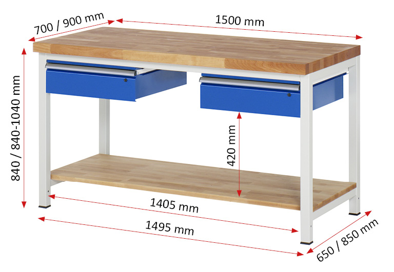 Werkbank Modell 8002,  BxTxH 1500x700x840-1040 mm,  Buche-Massiv Arbeitsplatte 40 mm,  2 Schubladen mit  Auszug 90 %