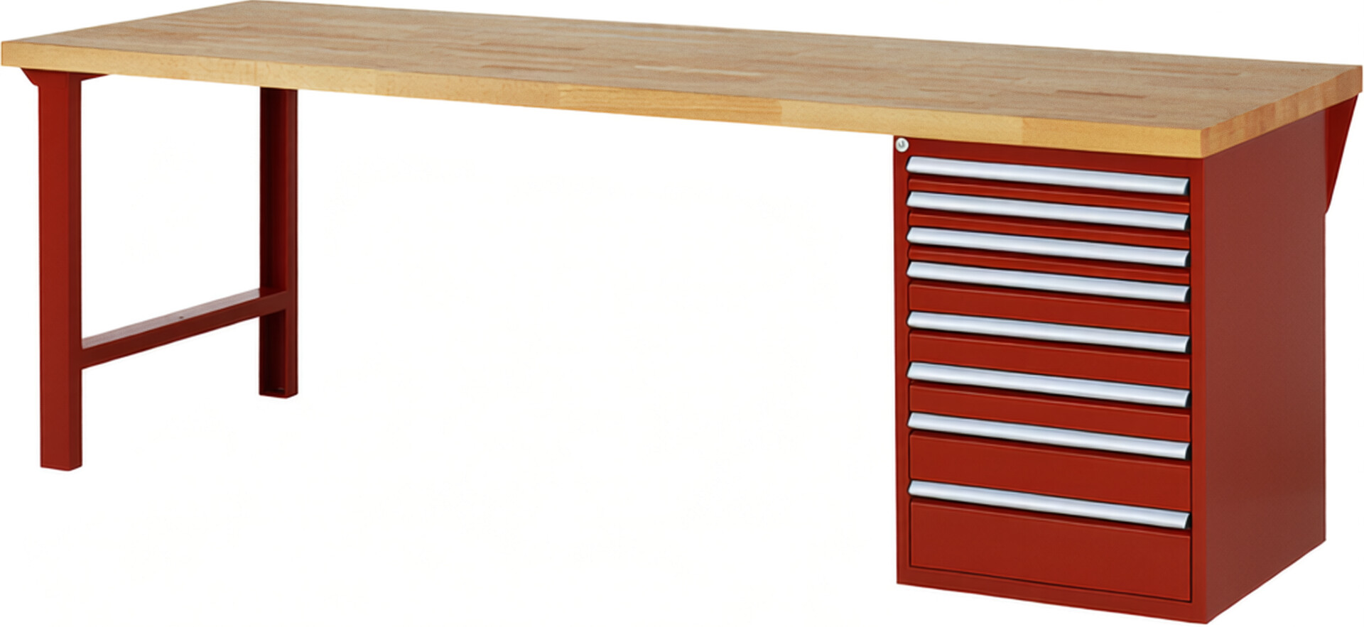 RAU Werkbank rot - Breite 250 cm - Tiefe 90 cm - Höhe 89 cm - Buche-Massiv Arbeitsplatte 40 mm