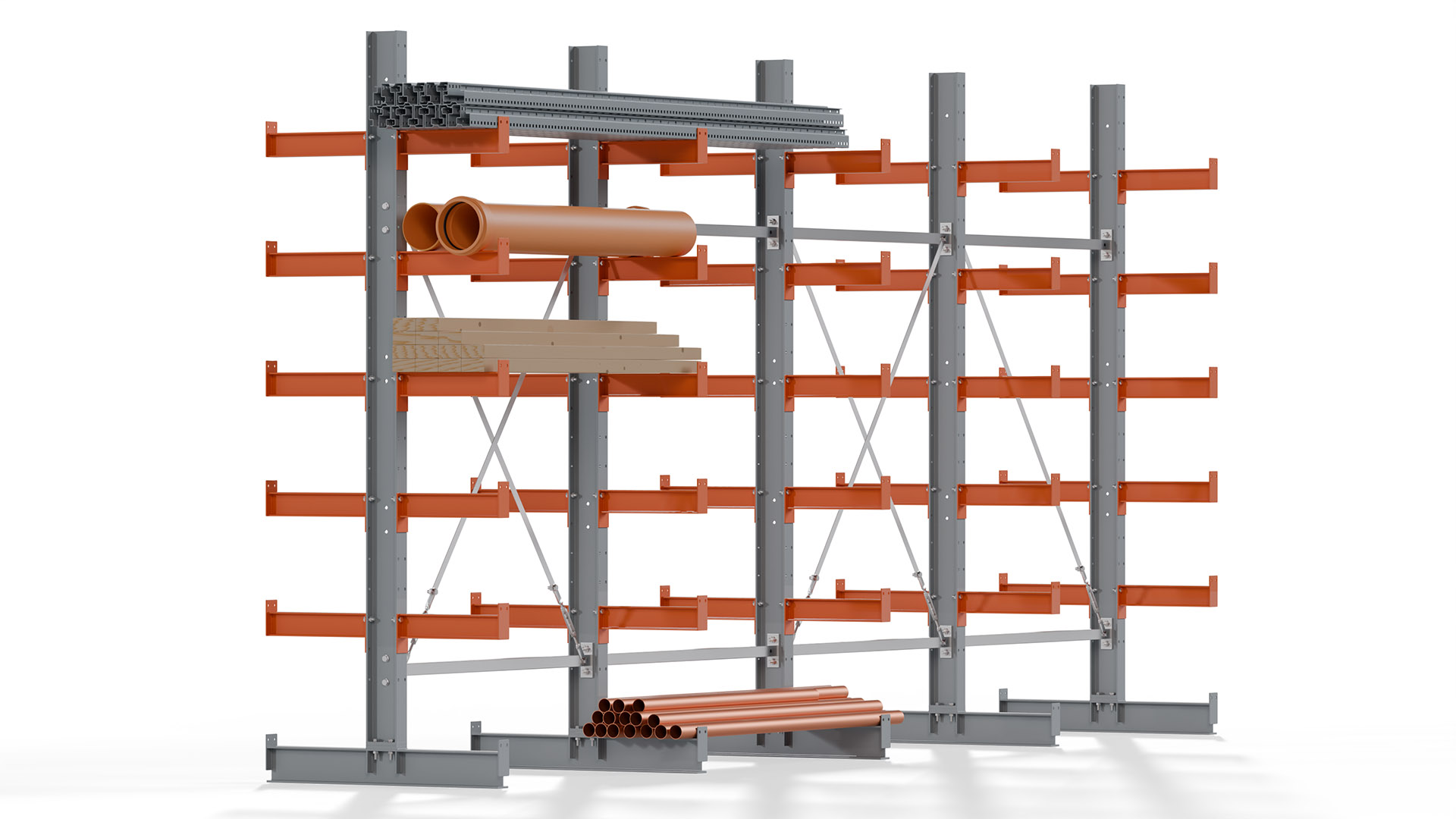 Kragarmregal KARL basic - lackiert - Breite: 512 cm - Höhe: 250 cm - Tiefe: 40 cm - Traglast je Kragarm: 1100 kg - beidseitig
