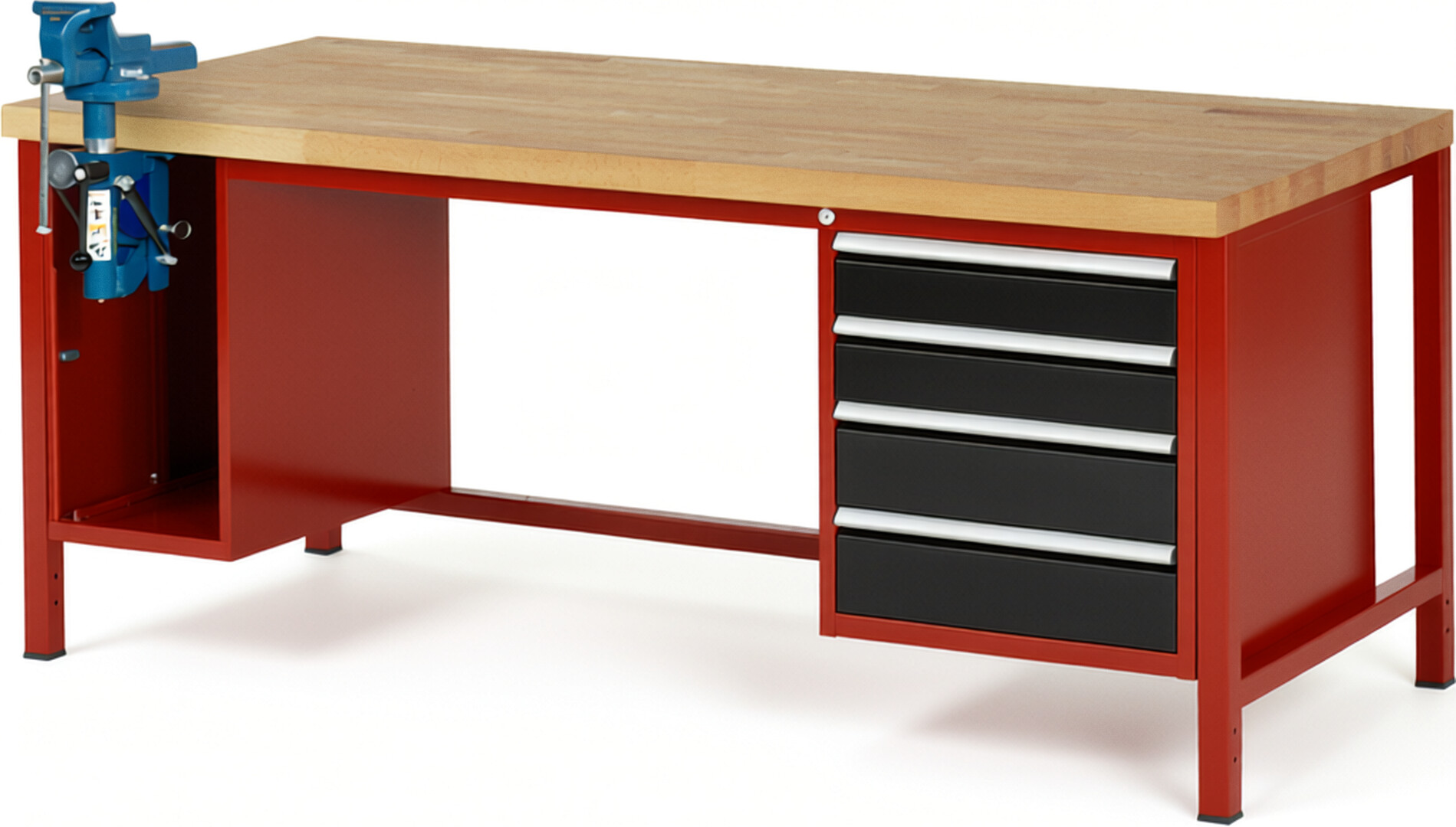 Werkbank Modell 8185 rot - schwarz, BxTxH 2000x900x840-1040 mm,  Buche-Massiv Arbeitsplatte 40 mm,  4 Schubladen mit  Vollauszug 100 % und  SoftClosing