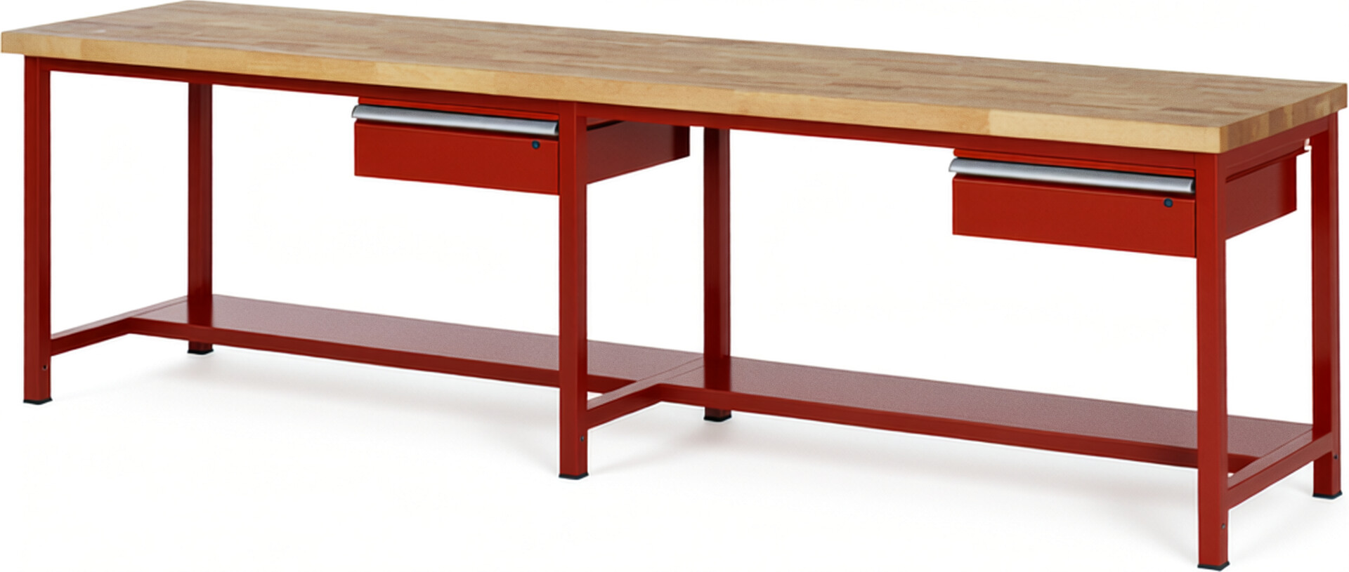 Werkbank Modell 8001 rot, BxTxH 3000x700x840 mm,  Buche-Massiv Arbeitsplatte 40 mm,  2 Schubladen mit  Auszug 90 %