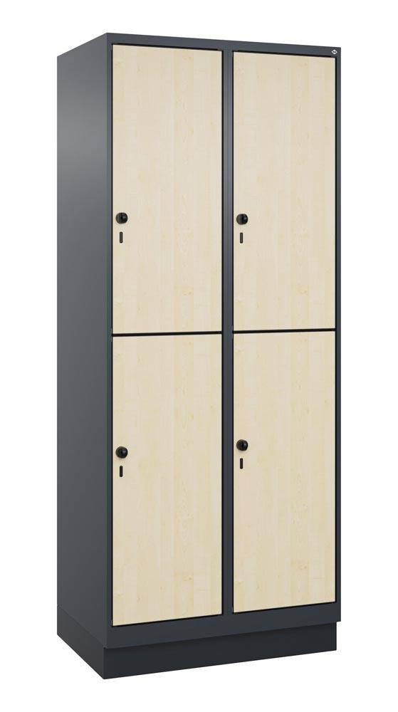 Doppelstock-Spind, Sockel, 2x2 Fächer, Abt.B 400 mm, BxTxH 800x500x1950 mm, HPL-Dekorfront, RAL 7016/Dekor Ahorn