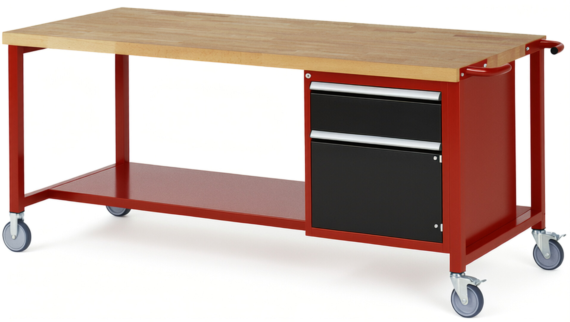 Fahrbare Werkbank Modell 8152 rot - schwarz, BxTxH 2000x900x880 mm,  Buche-Massiv Arbeitsplatte 40 mm,  1 Schublade mit  Vollauszug 100 % und  SoftClosing
