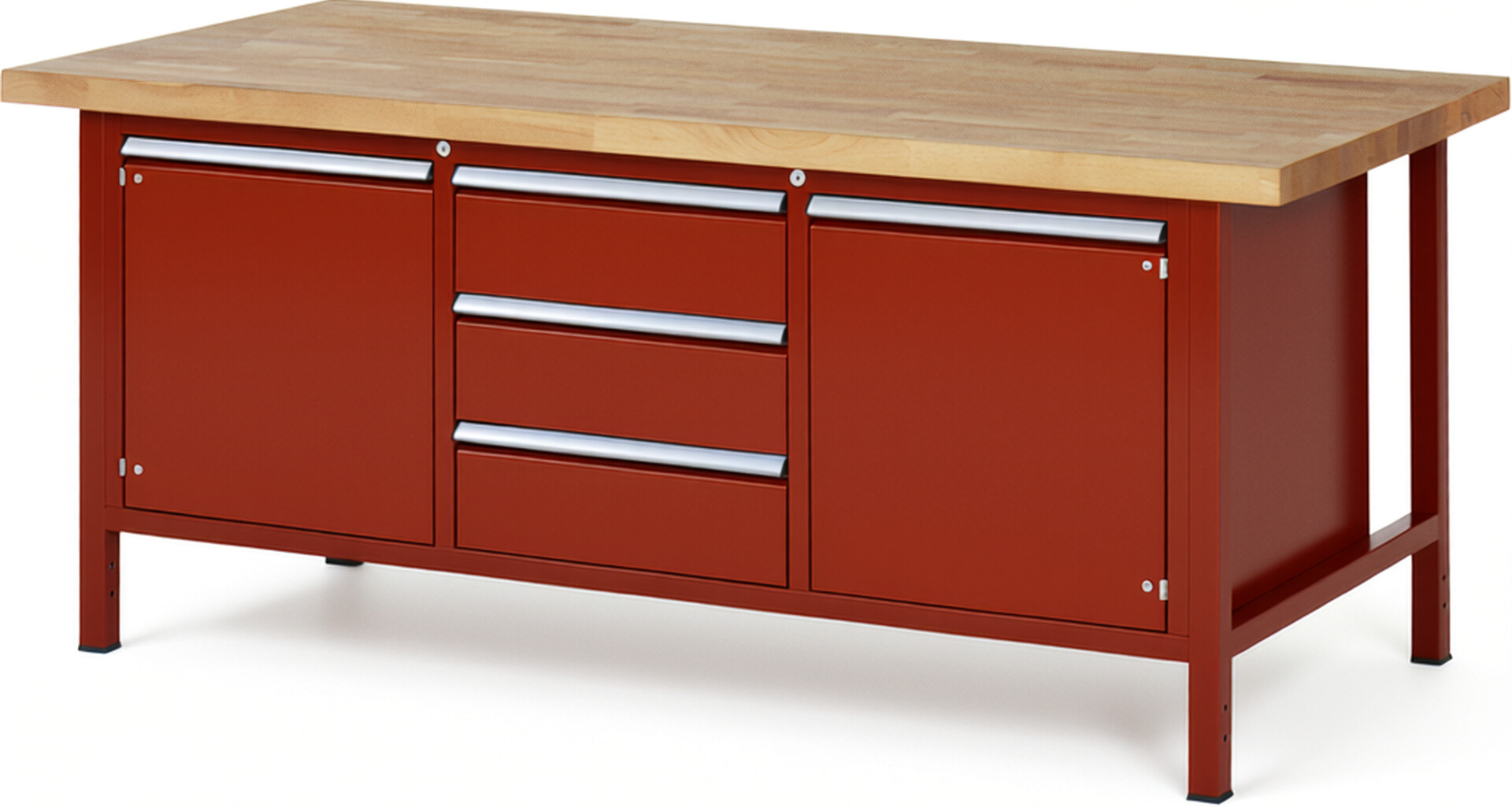 Werkbank Modell 8569 rot, BxTxH 2000x900x840-1040 mm,  Buche-Massiv Arbeitsplatte 40 mm,  3 Schubladen mit  Auszug 90 %