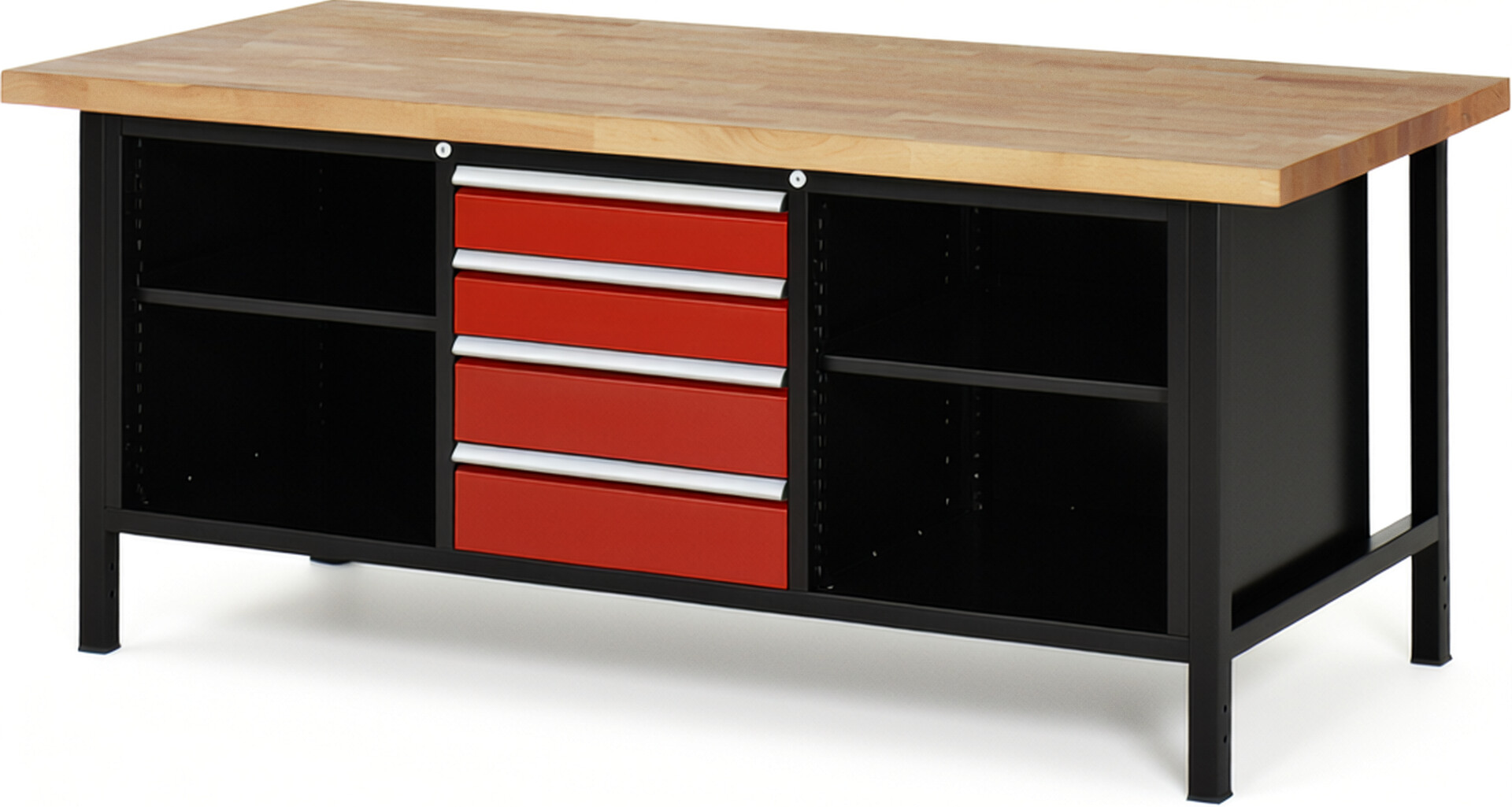 RAU Werkbank schwarz - rot - Breite 200 cm - Tiefe 90 cm - Höhe 84 cm - Buche-Massiv Arbeitsplatte 40 mm