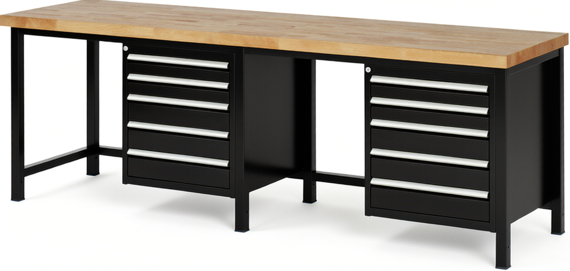 Werkbank Modell 8171 schwarz, BxTxH 2500x700x840 mm,  Buche-Massiv Arbeitsplatte 40 mm,  10 Schubladen mit  Auszug 90 %