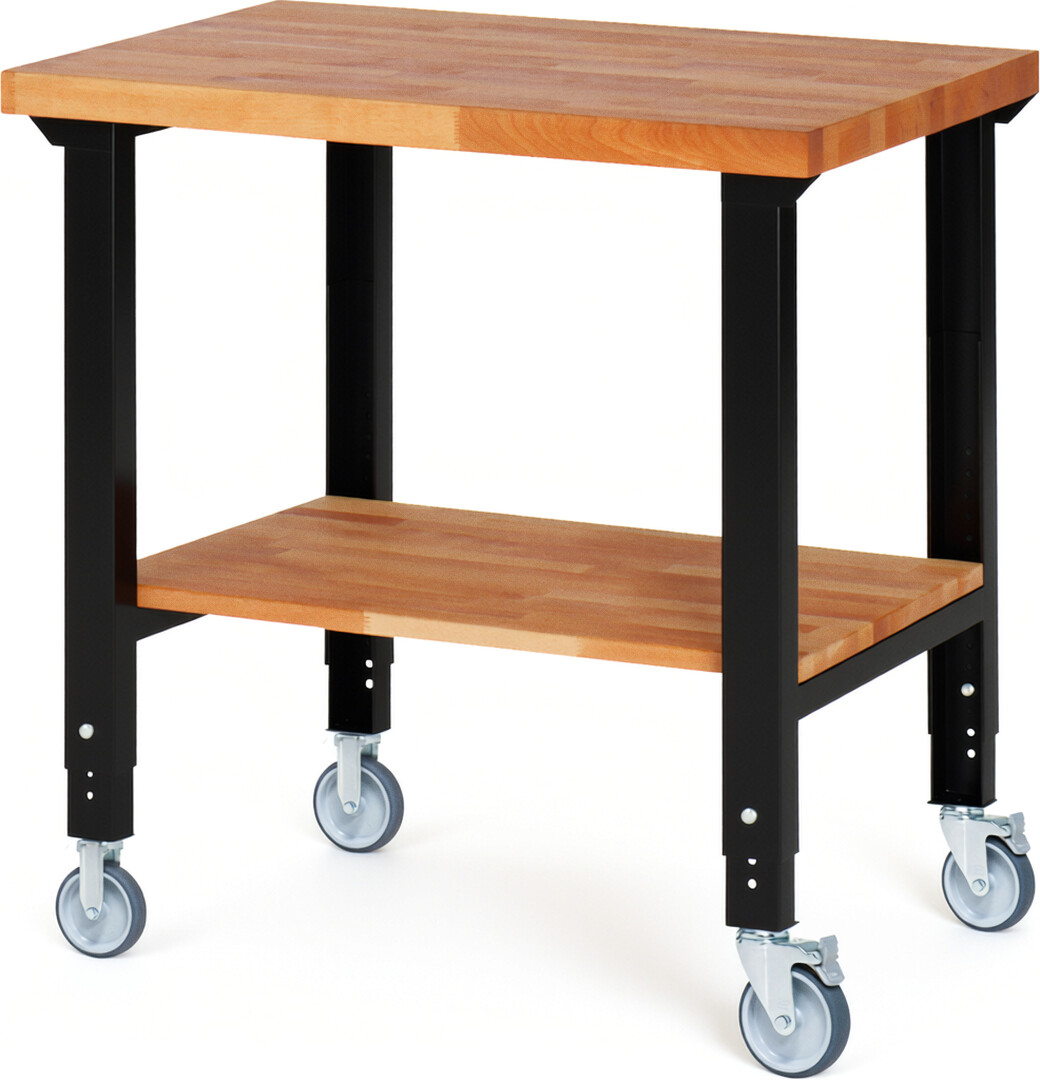 Fahrbare Werkbank Modell 7000 schwarz, BxTxH 1000x700x950-1000 mm,  Buche-Massiv Arbeitsplatte 40 mm