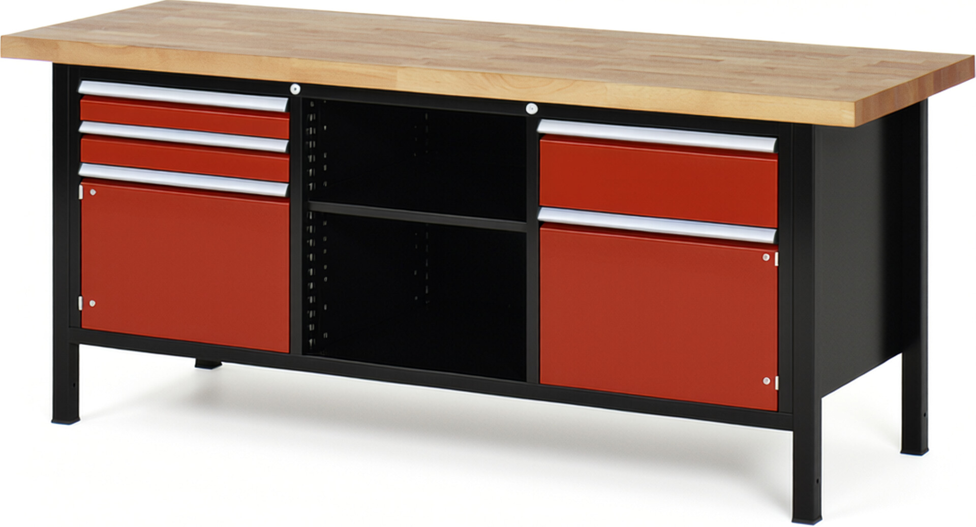 RAU Werkbank schwarz - rot - Breite 200 cm - Tiefe 70 cm - Höhe 104 cm - Buche-Massiv Arbeitsplatte 40 mm