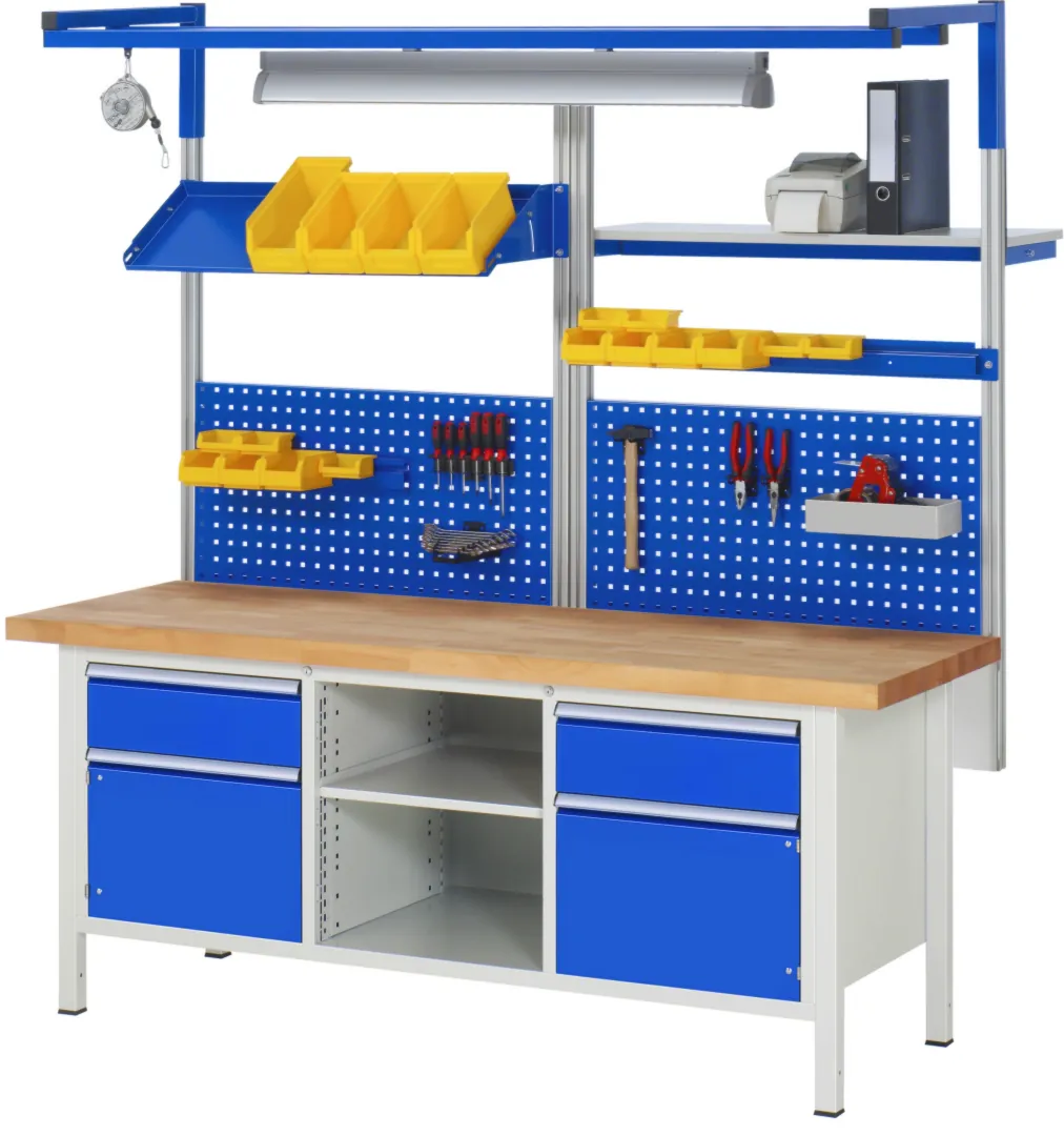 Werkbank Modell 8577 rot, BxTxH 2000x900x840 mm,  Buche-Massiv Arbeitsplatte 40 mm,  11 Schubladen mit  Auszug 90 %