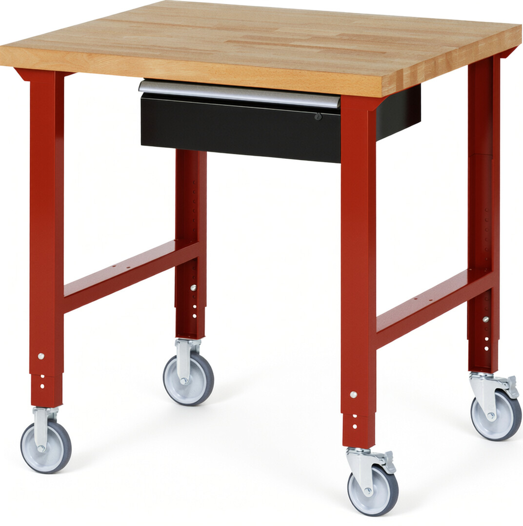 Fahrbare Werkbank Modell 7001 rot - schwarz, BxTxH 1000x900x950-1000 mm,  Buche-Massiv Arbeitsplatte 40 mm,  1 Schublade mit  Auszug 90 %