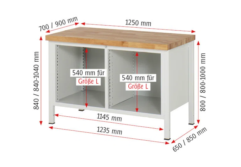 Werkbank Modell 8466 schwarz-rot, BxTxH 1250x900x840-1040 mm,  Buche-Massiv Arbeitsplatte 40 mm,  2 Schubladen mit  Vollauszug 100 % und  SoftClosing