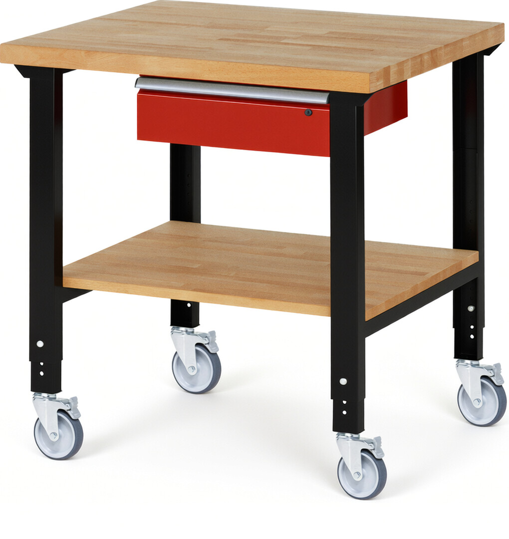 Fahrbare Werkbank Modell 7001 schwarz-rot, BxTxH 1000x900x950-1000 mm,  Buche-Massiv Arbeitsplatte 40 mm,  1 Schublade mit  Auszug 90 %