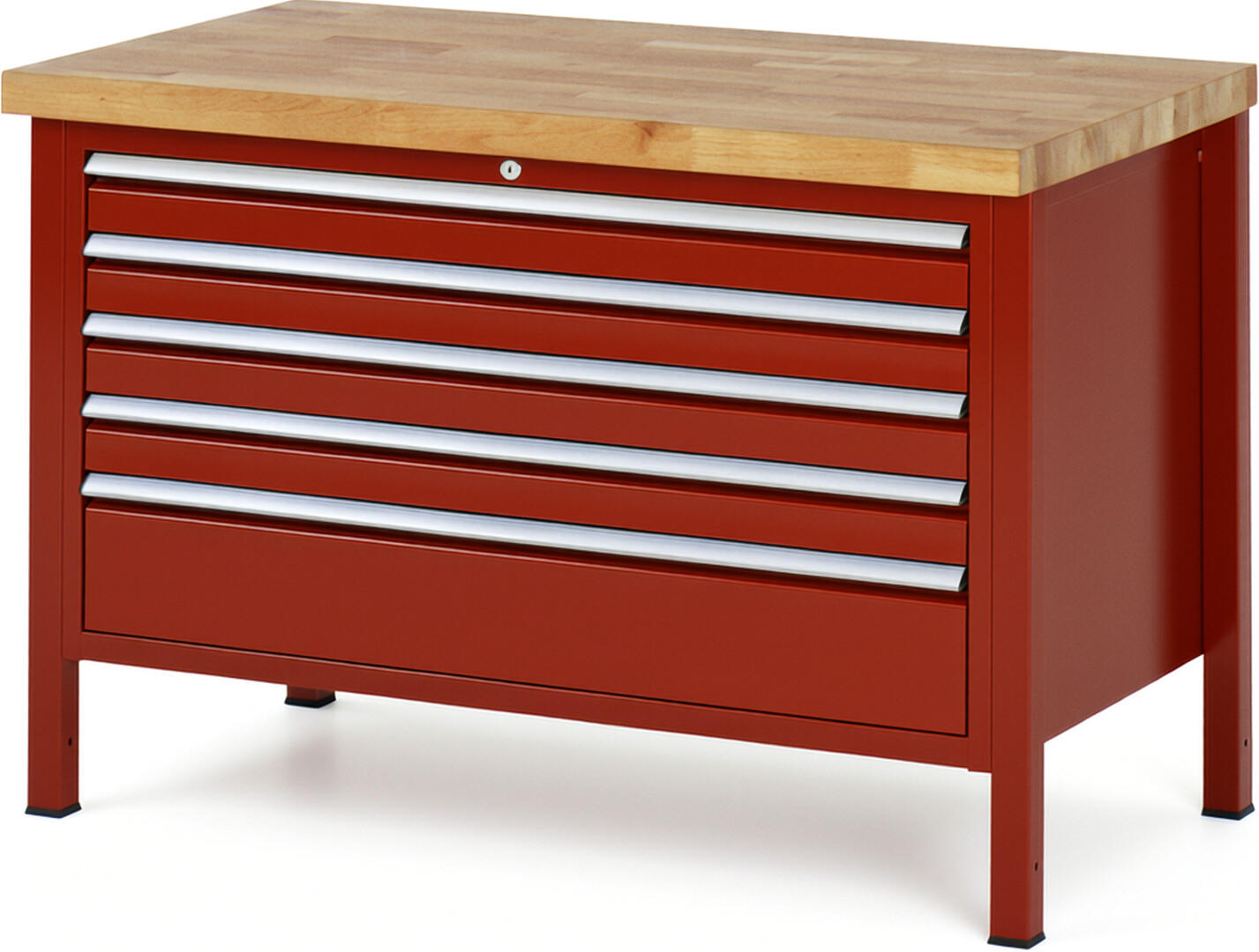 Werkbank Modell 8368 rot, BxTxH 1250x700x840 mm,  Buche-Massiv Arbeitsplatte 40 mm,  5 Schubladen mit  Vollauszug 100 % und  SoftClosing