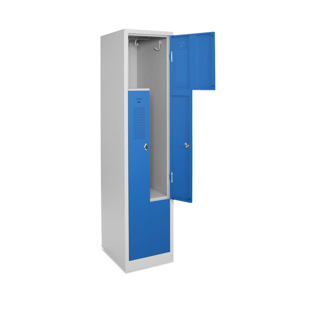 Z-Spind, 1 Abteil,  2 Fächer,  Abteilbreite 20 cm, Höhe 180 cm, Breite 41,5 cm, RAL 7035 Lichtgrau / RAL 5010 Enzianblau