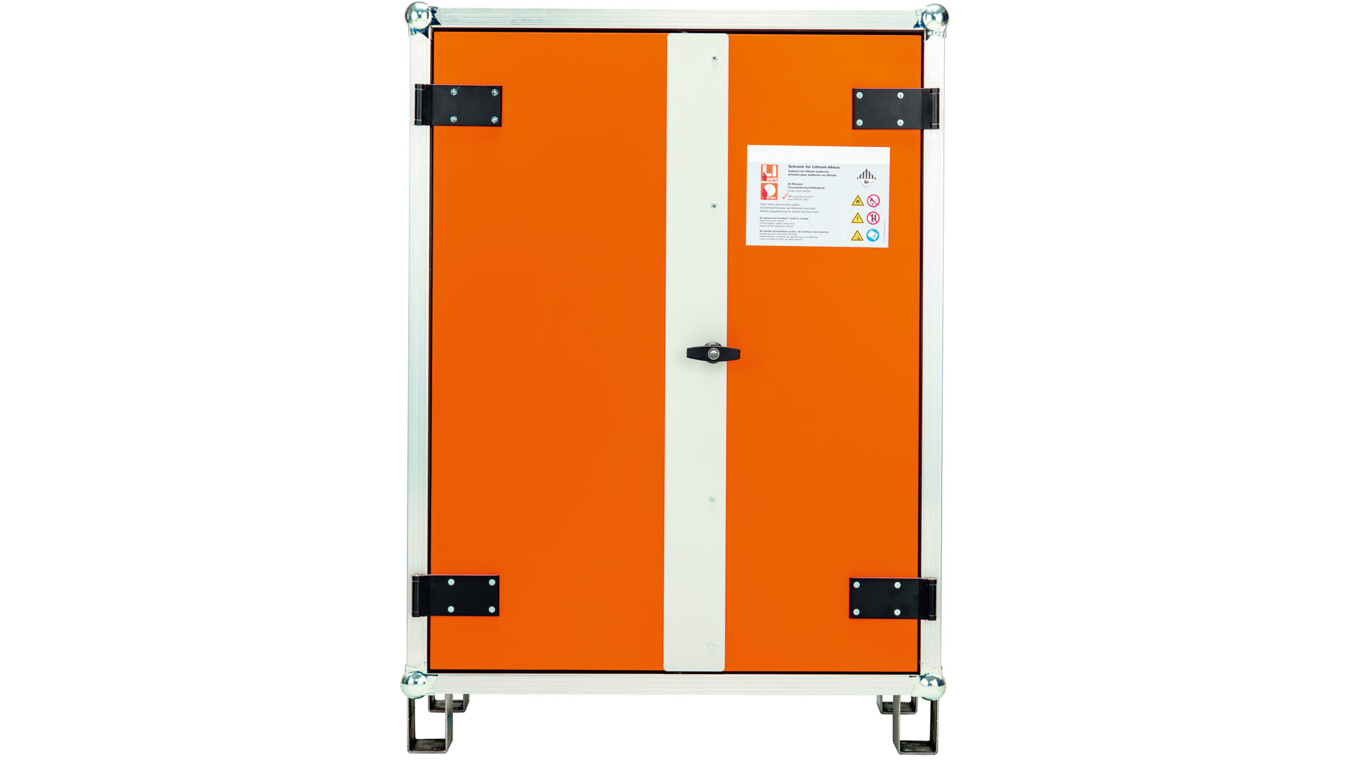 Sicherheitsschrank, Akku-Lagerschrank, Rauchmelder, BxTxH 800x660x1110 mm, Tür orange, mit Stapelfüßen, Korpus grau