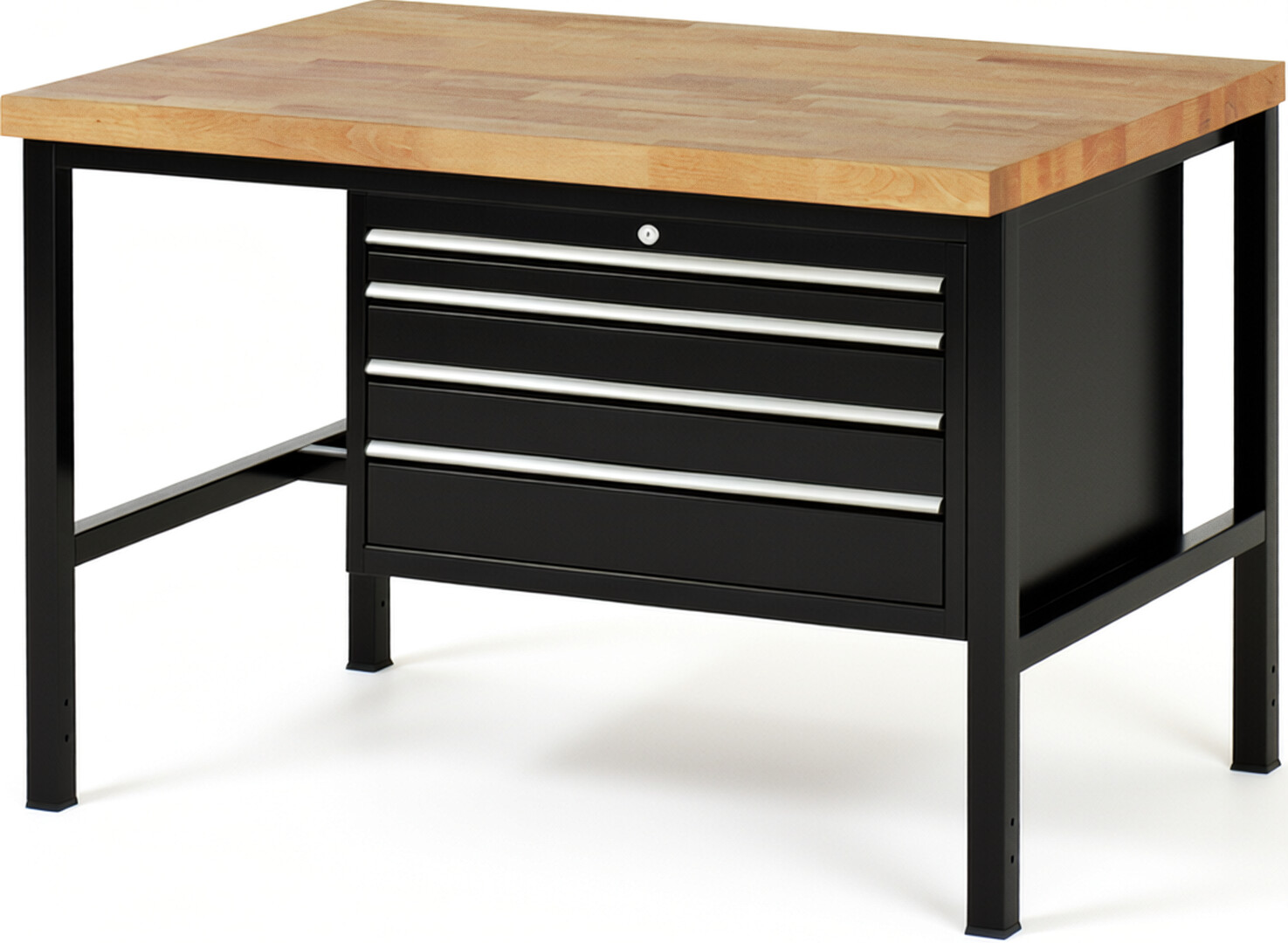 Werkbank Modell 8232 schwarz, BxTxH 1250x900x840-1040 mm,  Buche-Massiv Arbeitsplatte 40 mm,  4 Schubladen mit  Auszug 90 %